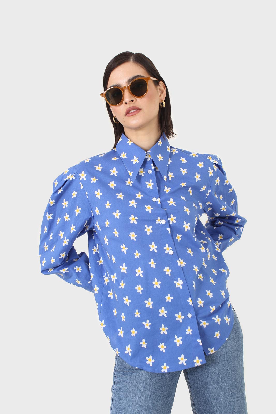 Cobalt blue daisy print shirt_5