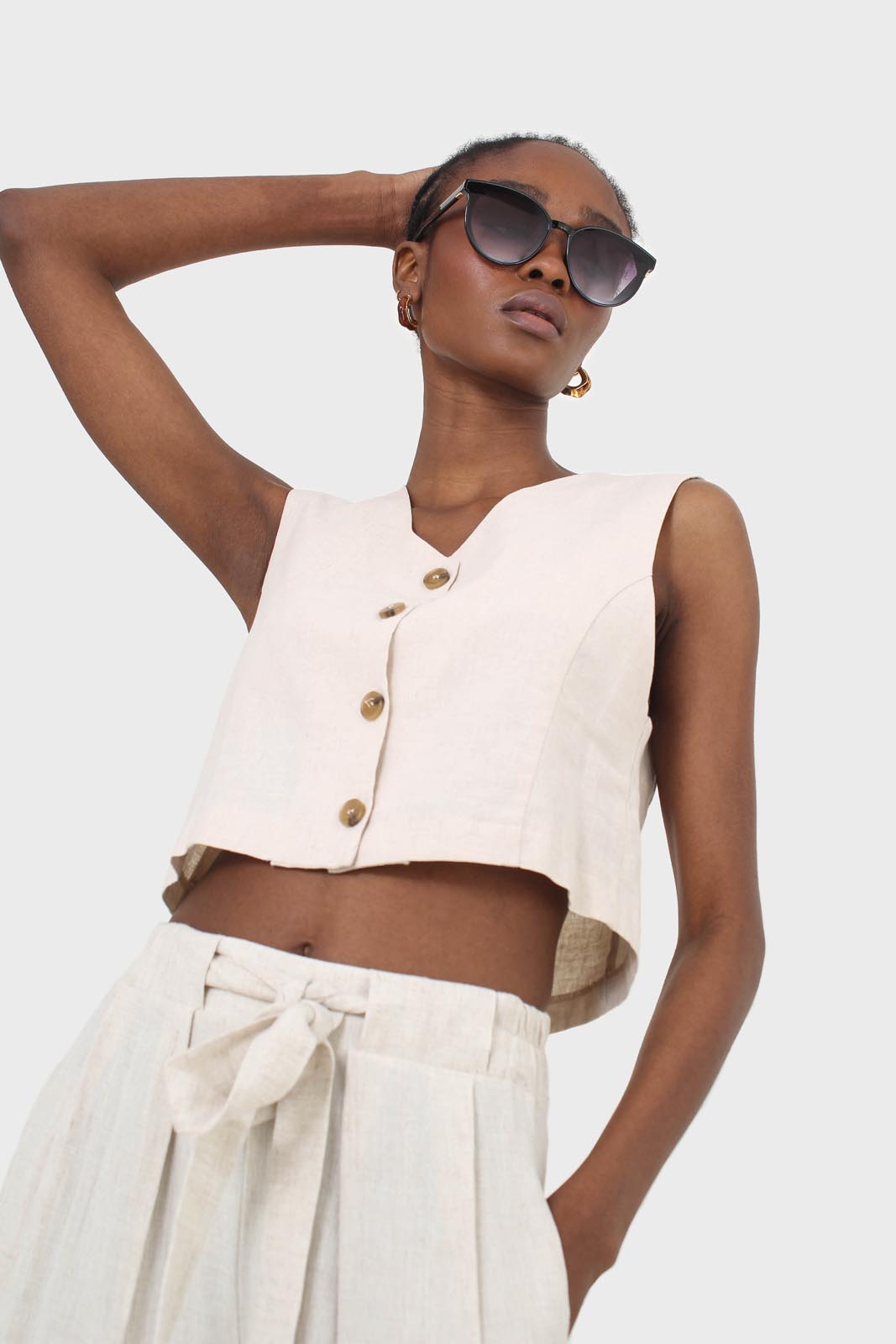 Oatmeal elasticated waist tie front linen trousers_8