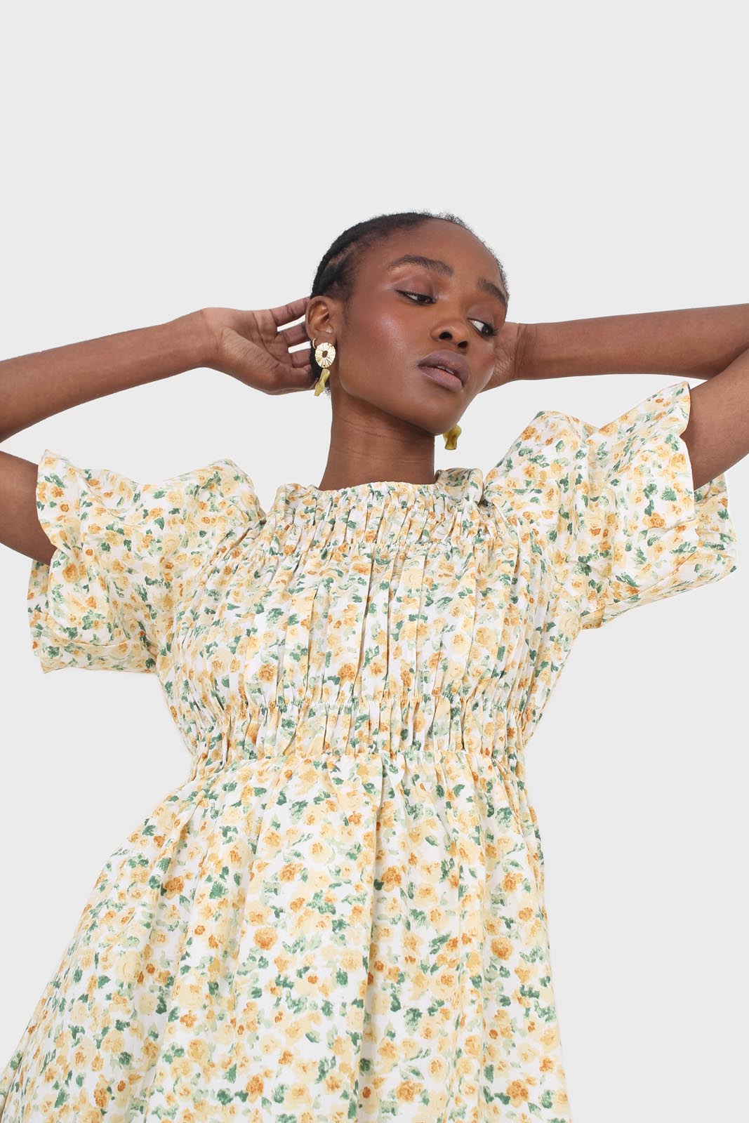 Ivory and orange tiny floral print ruched midi dress_2