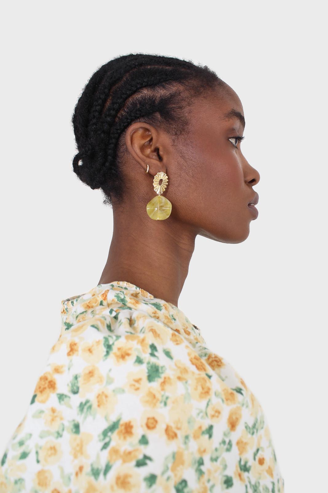 Ivory and orange tiny floral print ruched midi dress_7