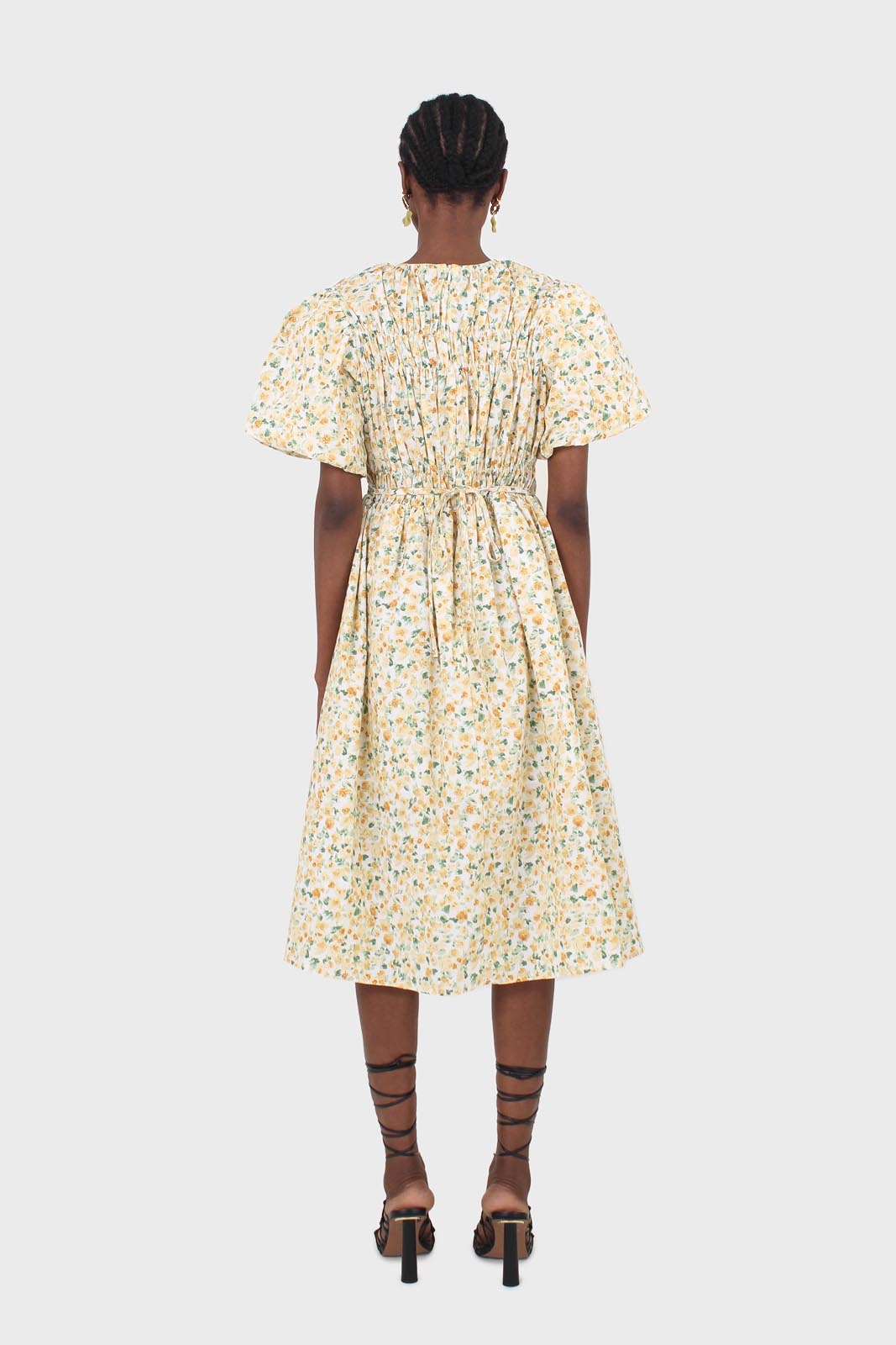 Ivory and orange tiny floral print ruched midi dress_8