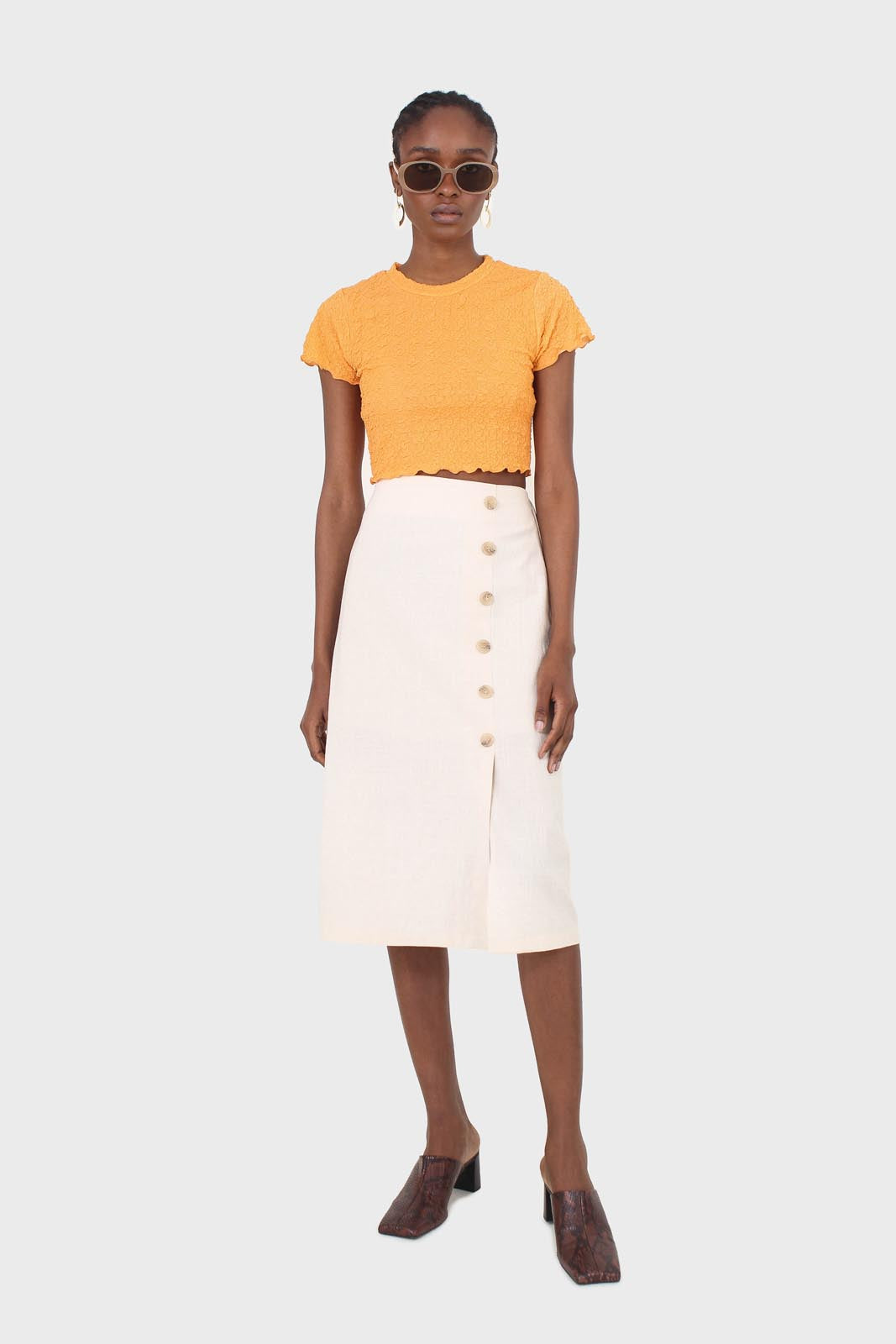 Ivory faux side button midi skirt_5