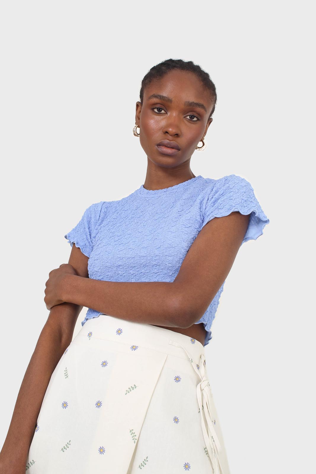 Blue shirring crew neck tee_5