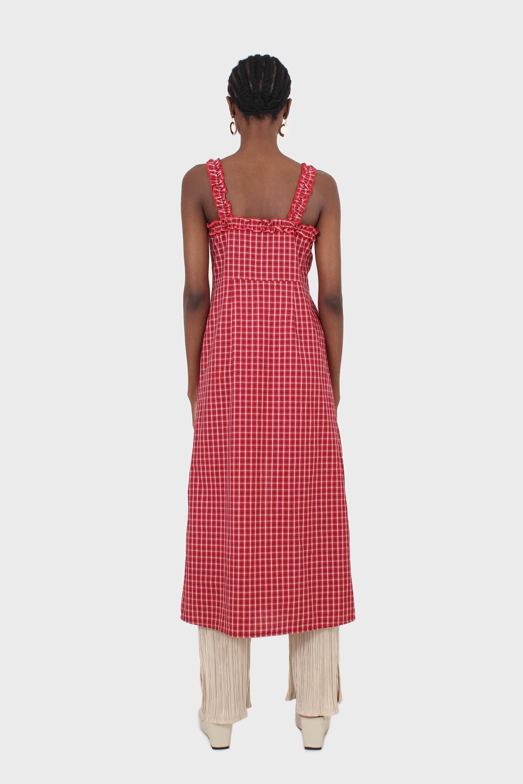 Red checked frill neckline button front midi dress_6
