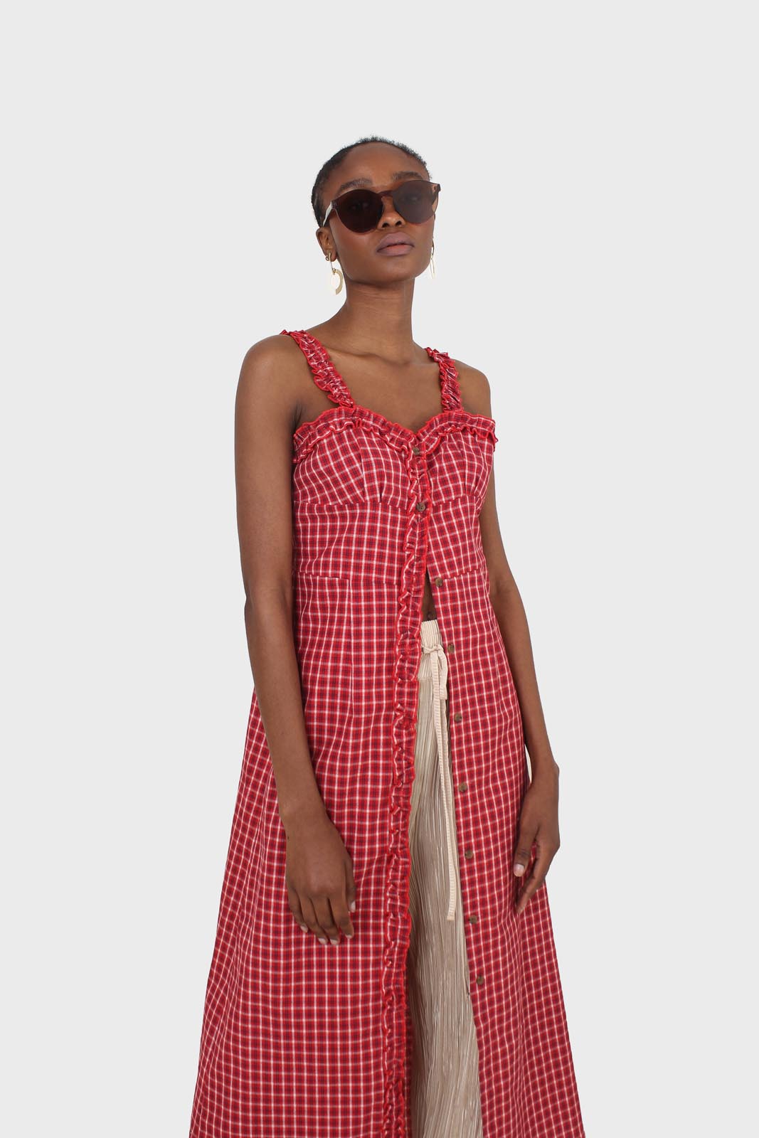 Red checked frill neckline button front midi dress_8