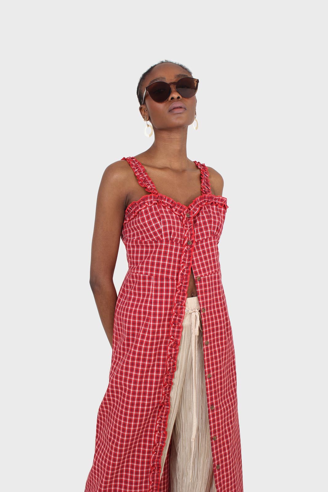 Red checked frill neckline button front midi dress_9