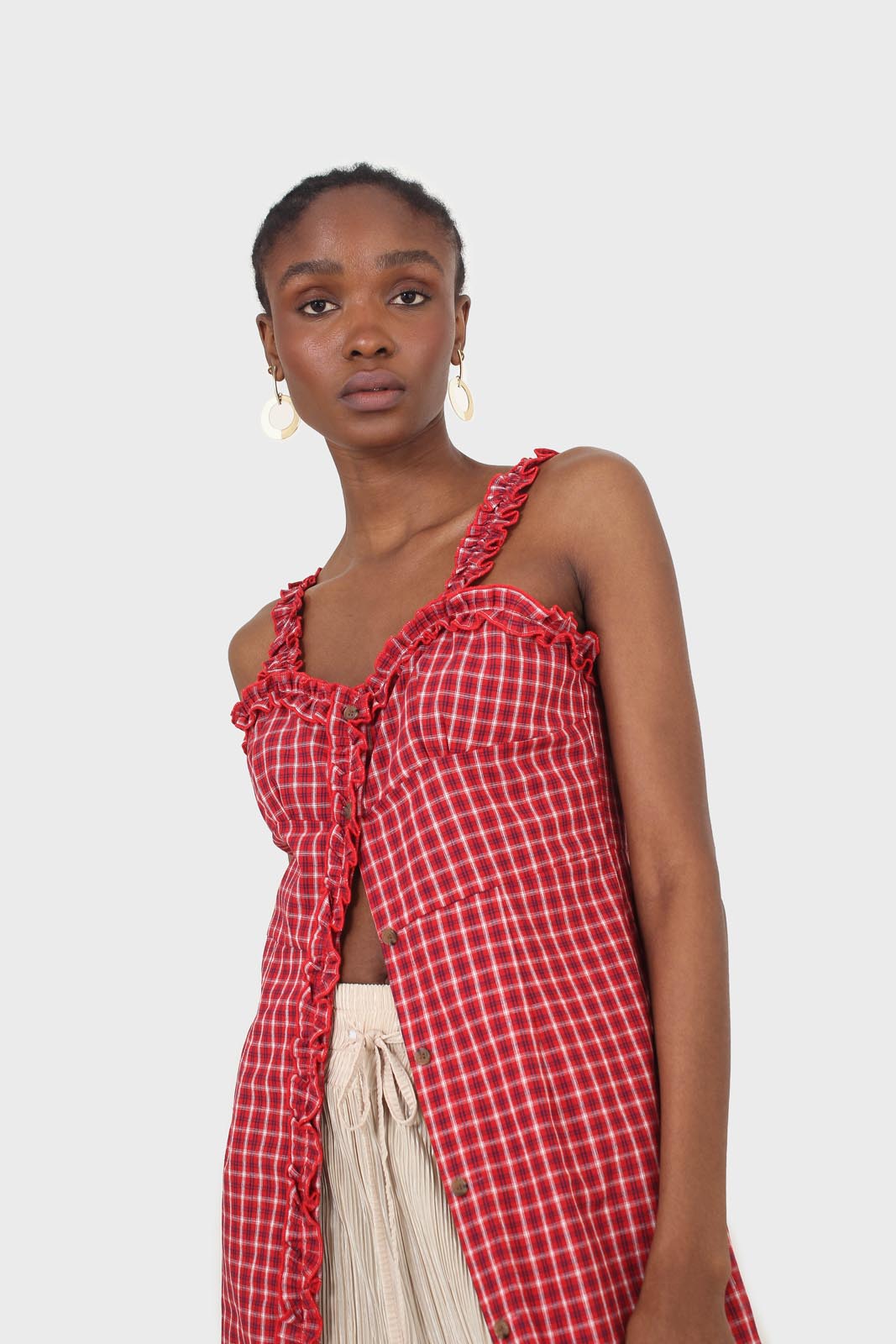 Red checked frill neckline button front midi dress_10