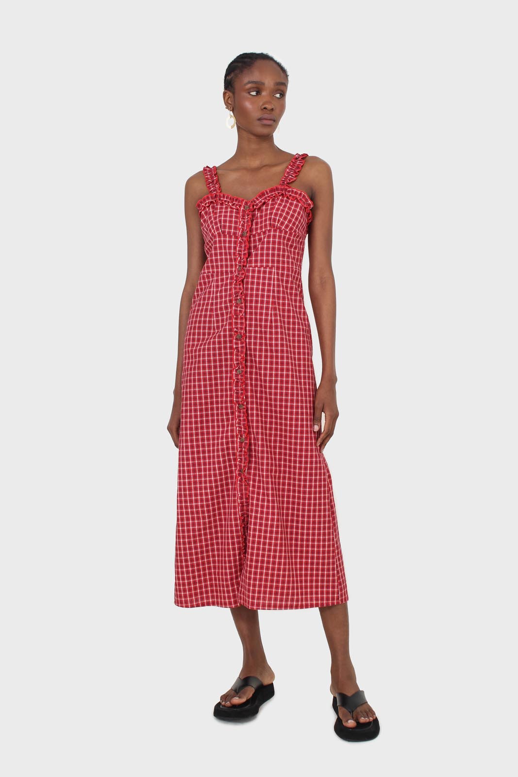 Red checked frill neckline button front midi dress_4