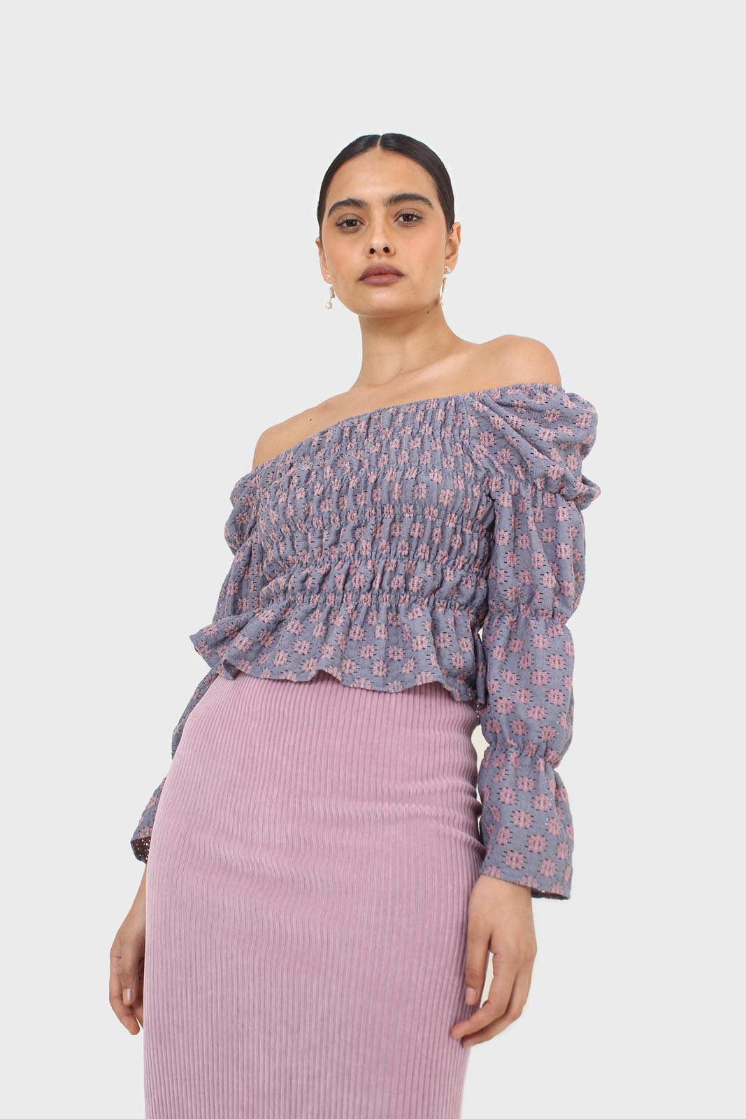 Blue and pink floral print ruched long sleeved top_6