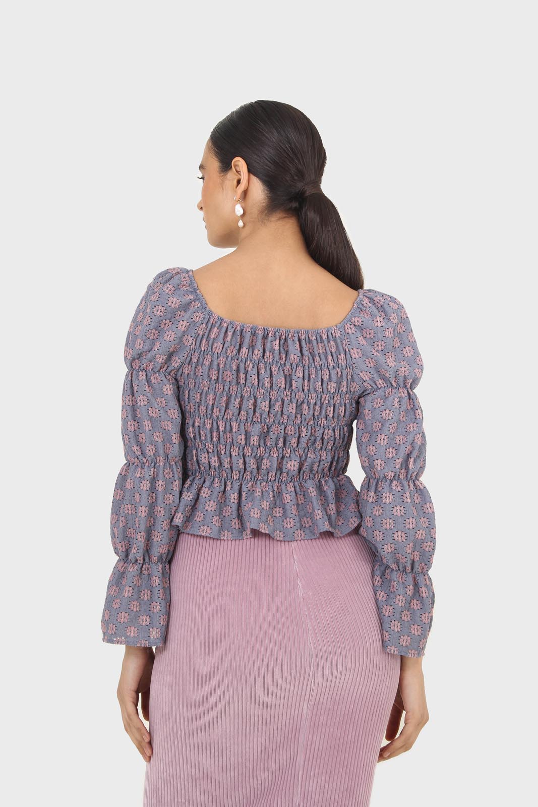 Blue and pink floral print ruched long sleeved top_2