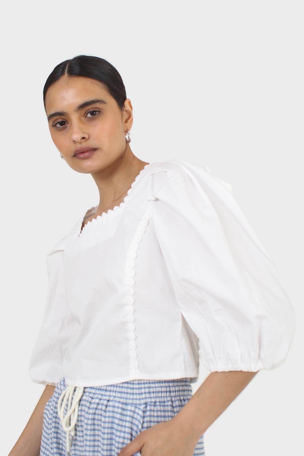 Ivory square neckline princess seam lace blouse_15