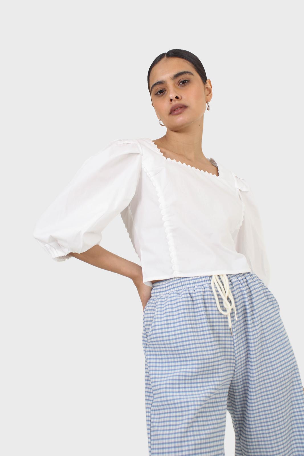 Ivory square neckline princess seam lace blouse_14