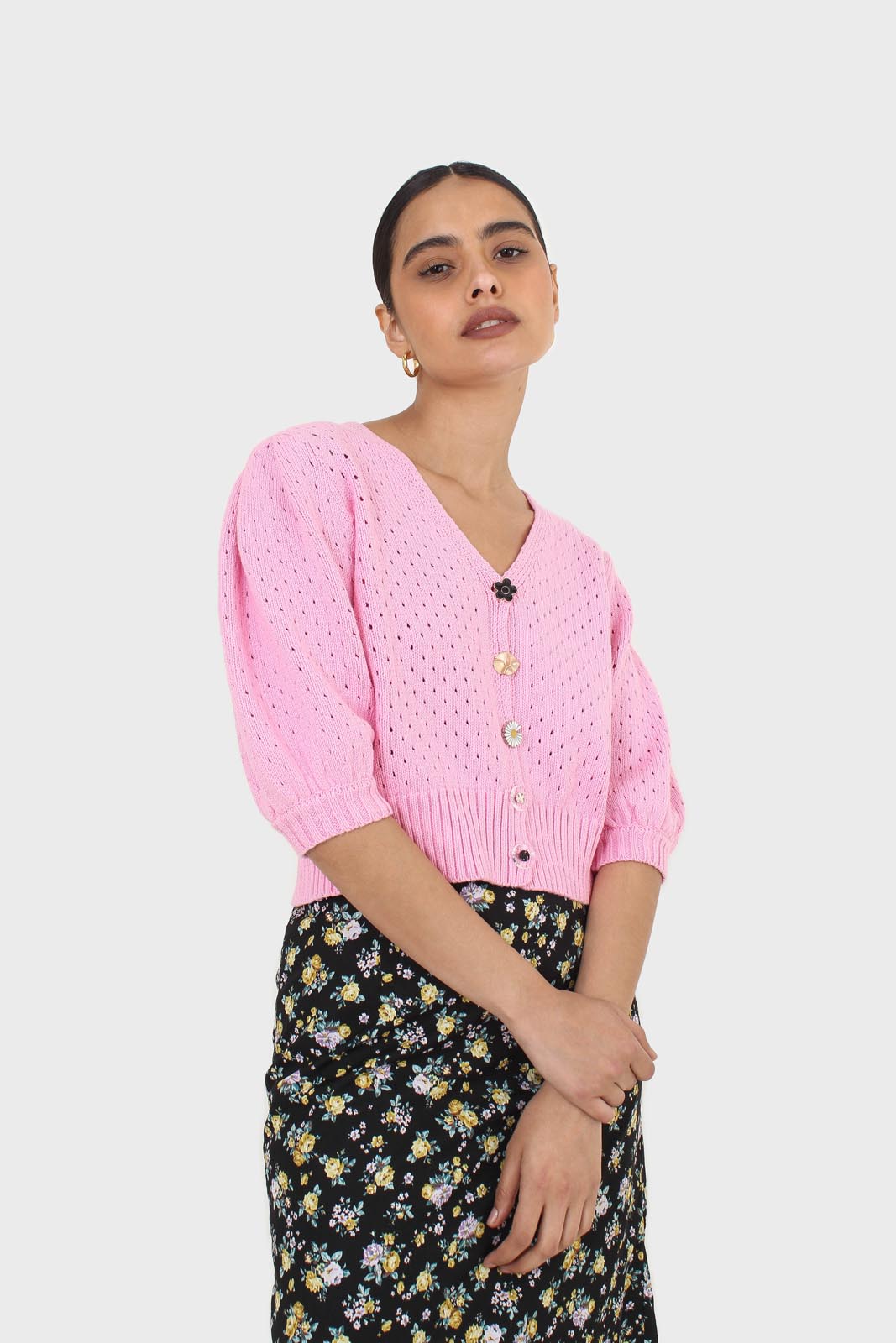 Pink flower button cardigan_5