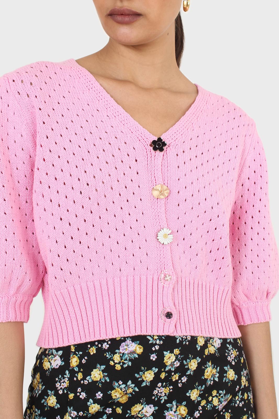 Pink flower button cardigan_2