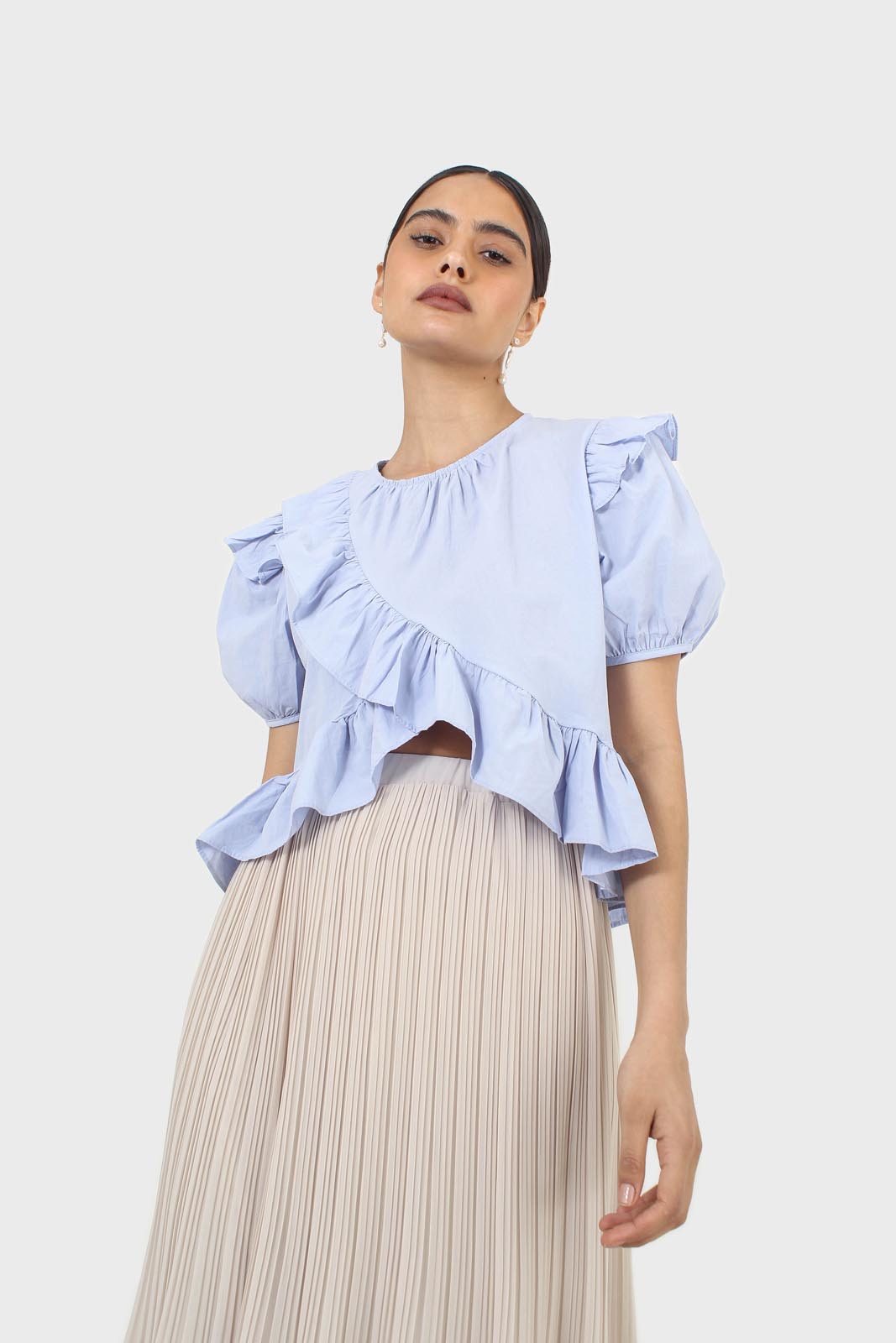 Sky blue asymmetric frill short sleeved top_9