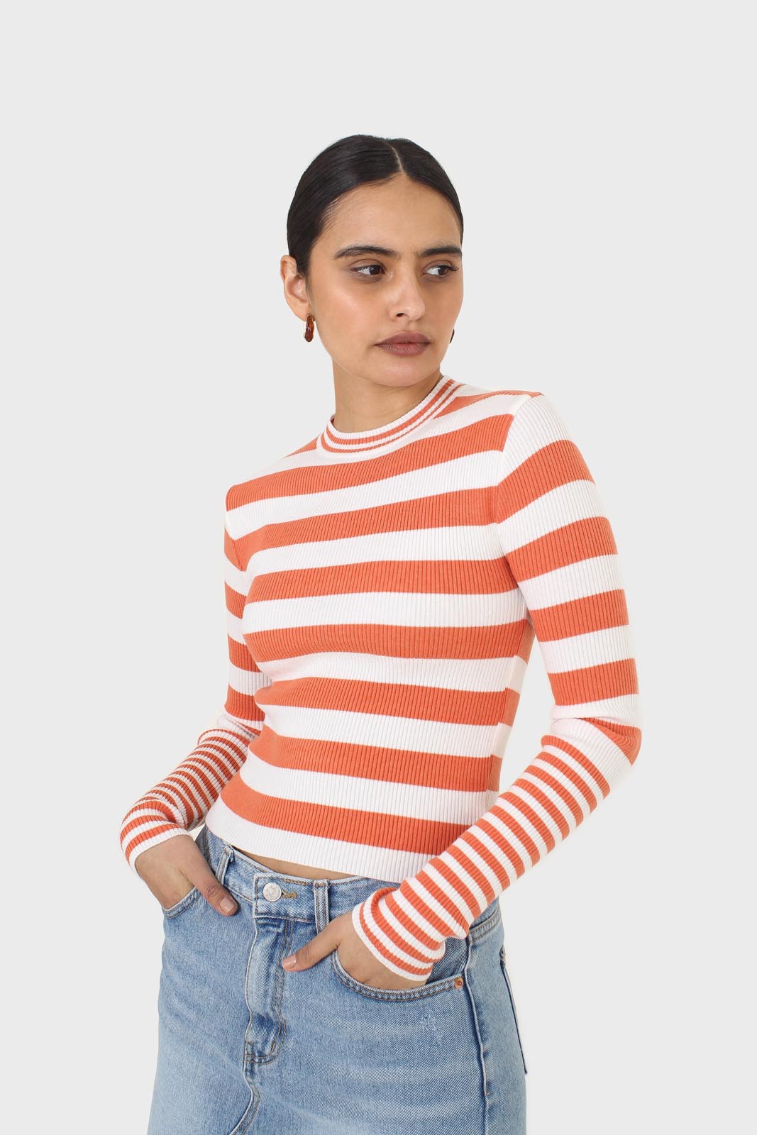 Orange and white breton stripe long sleeved top_4