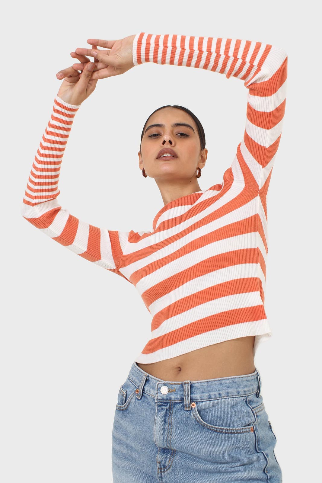 Orange and white breton stripe long sleeved top_1
