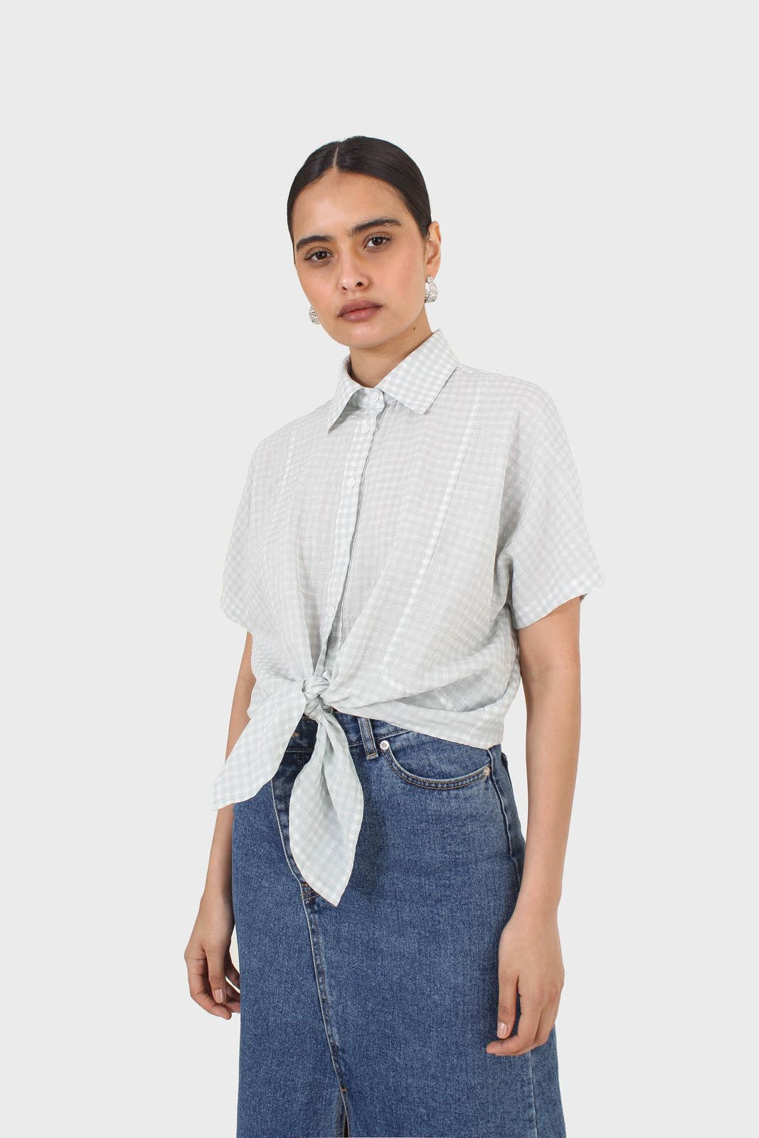 Mint and ivory gingham tie front shirt_8