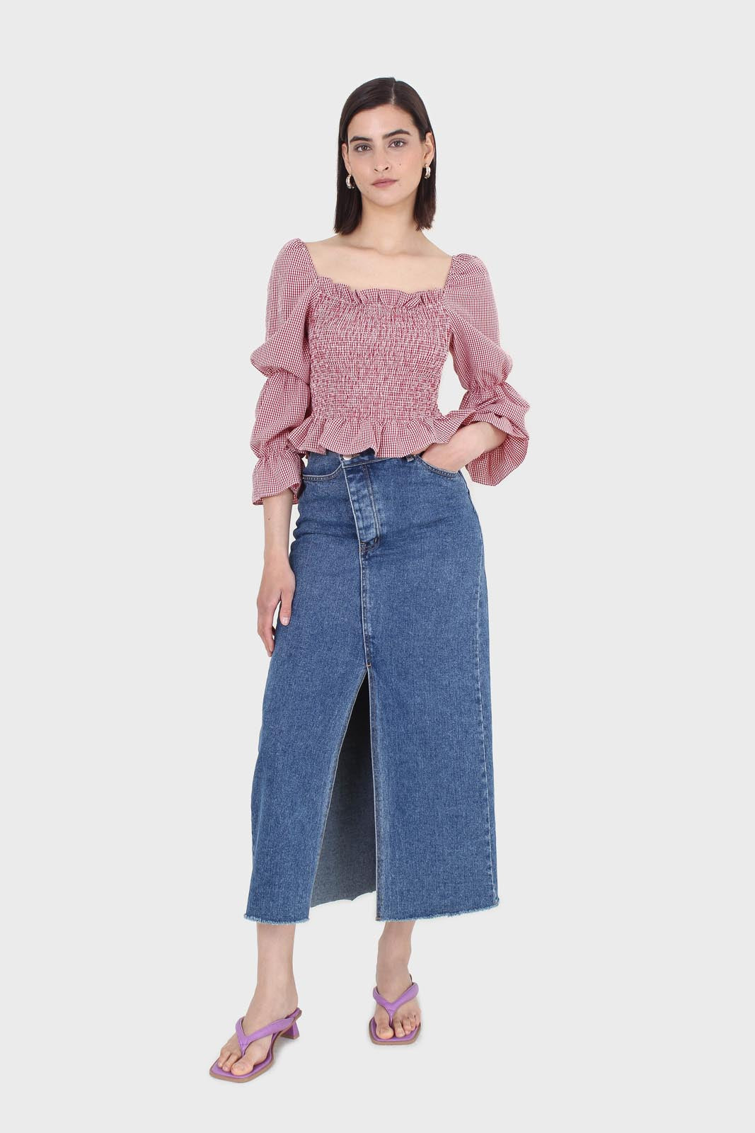 Red and white gingham ruched blouse_3