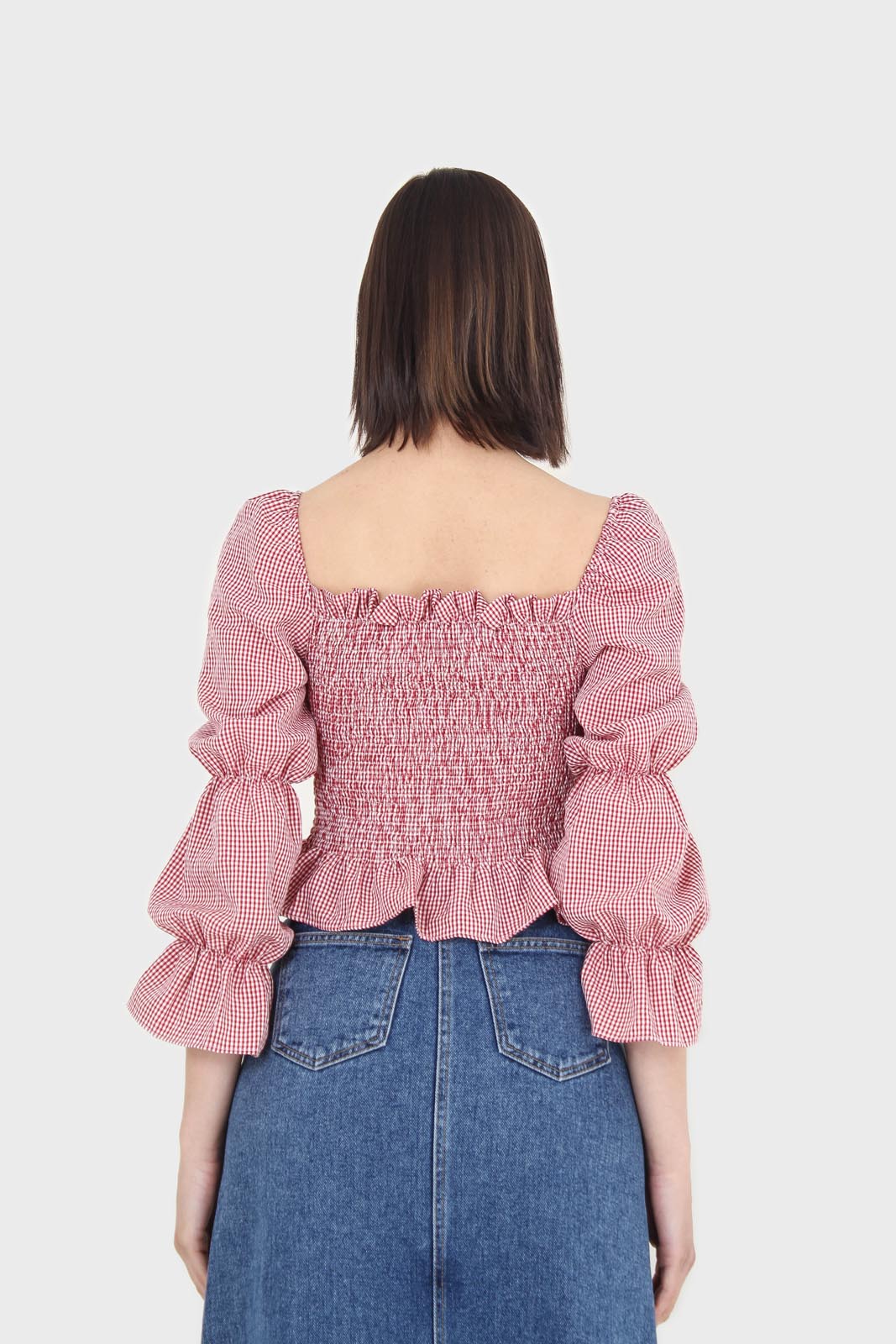 Red and white gingham ruched blouse_2