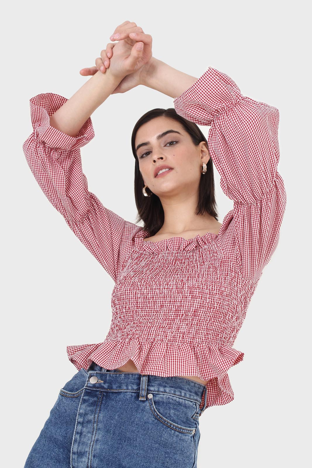 Red and white gingham ruched blouse_5