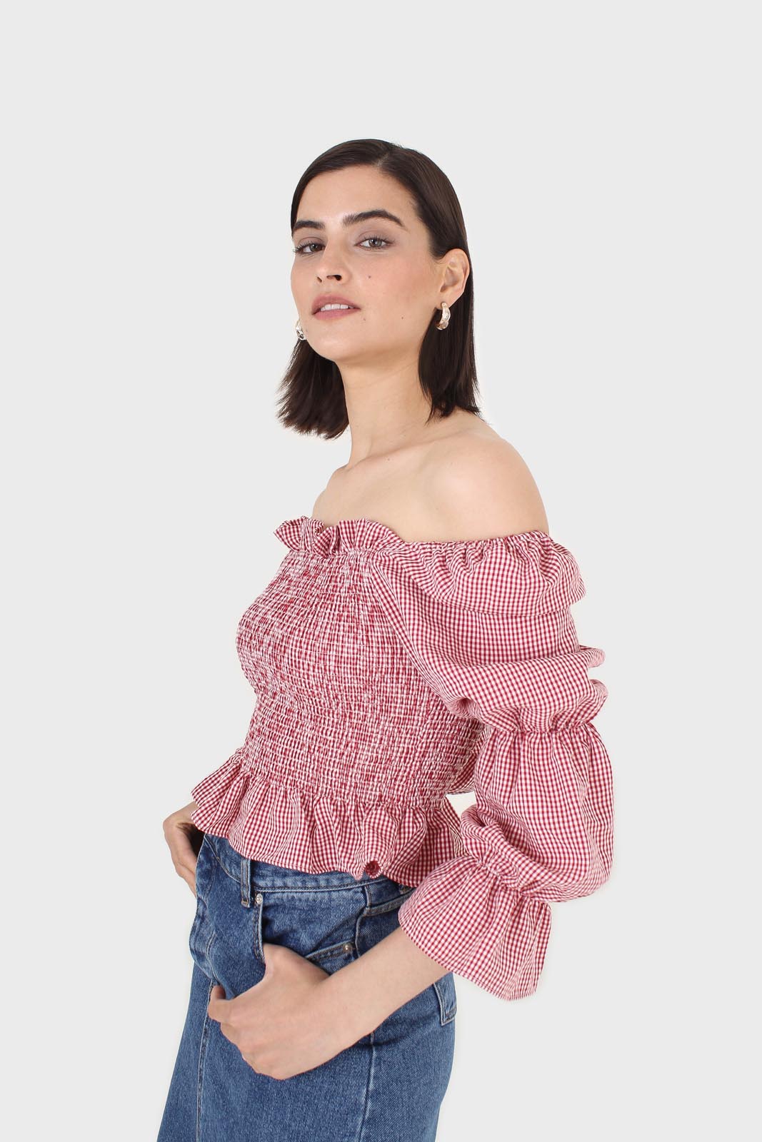 Red and white gingham ruched blouse_6