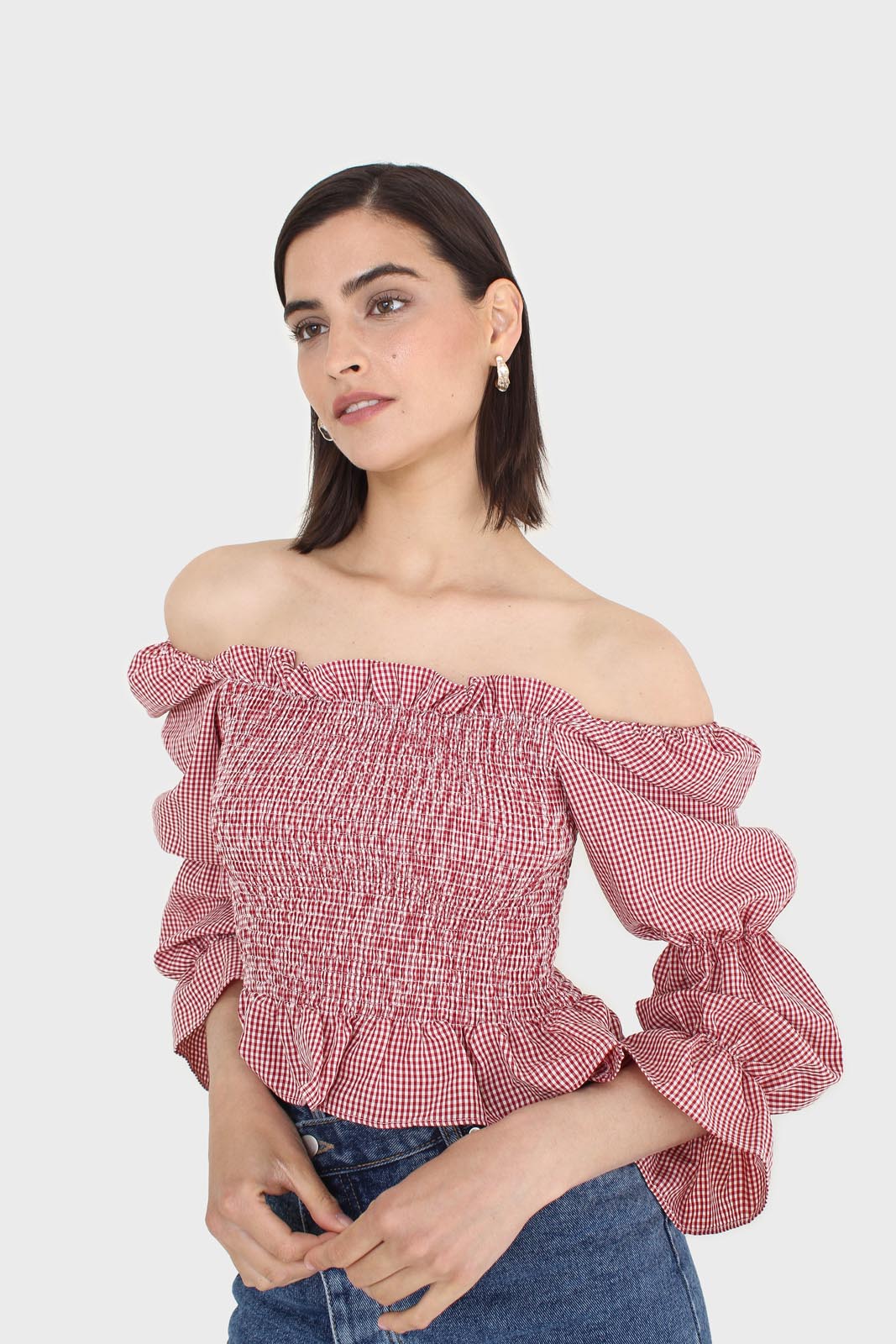 Red and white gingham ruched blouse_1