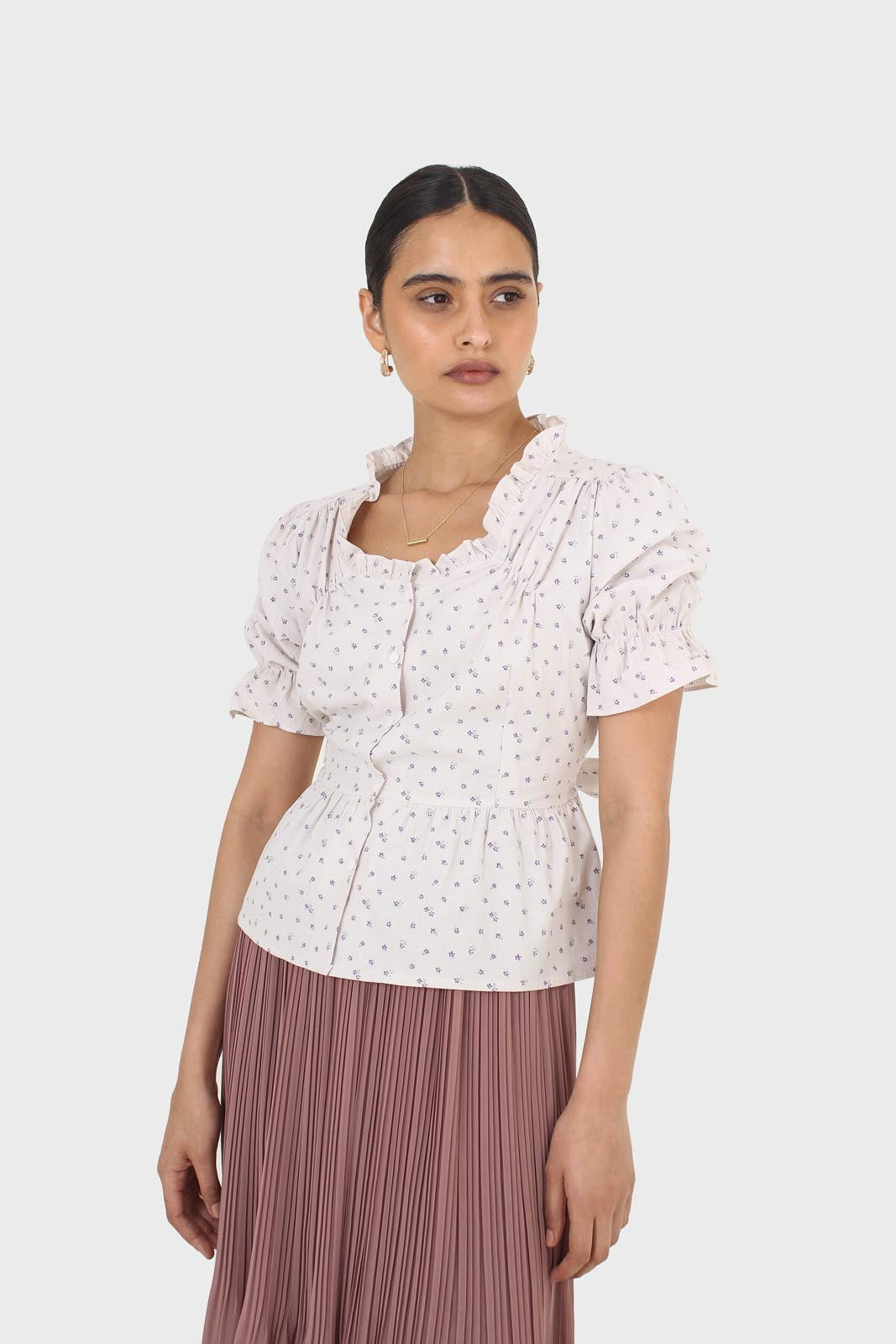 Oatmeal and lilac tiny flower print peasant blouse_5