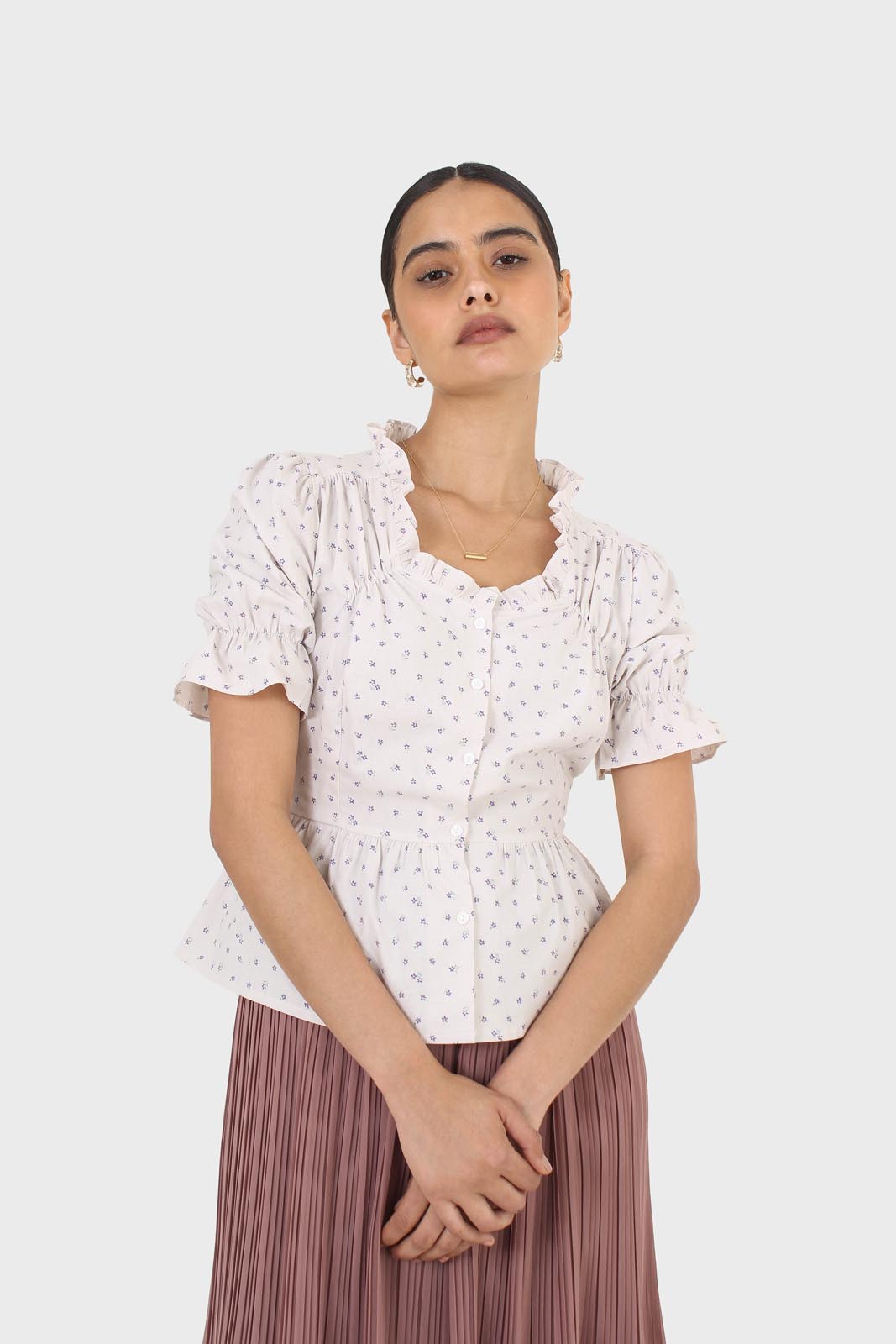 Oatmeal and lilac tiny flower print peasant blouse_1