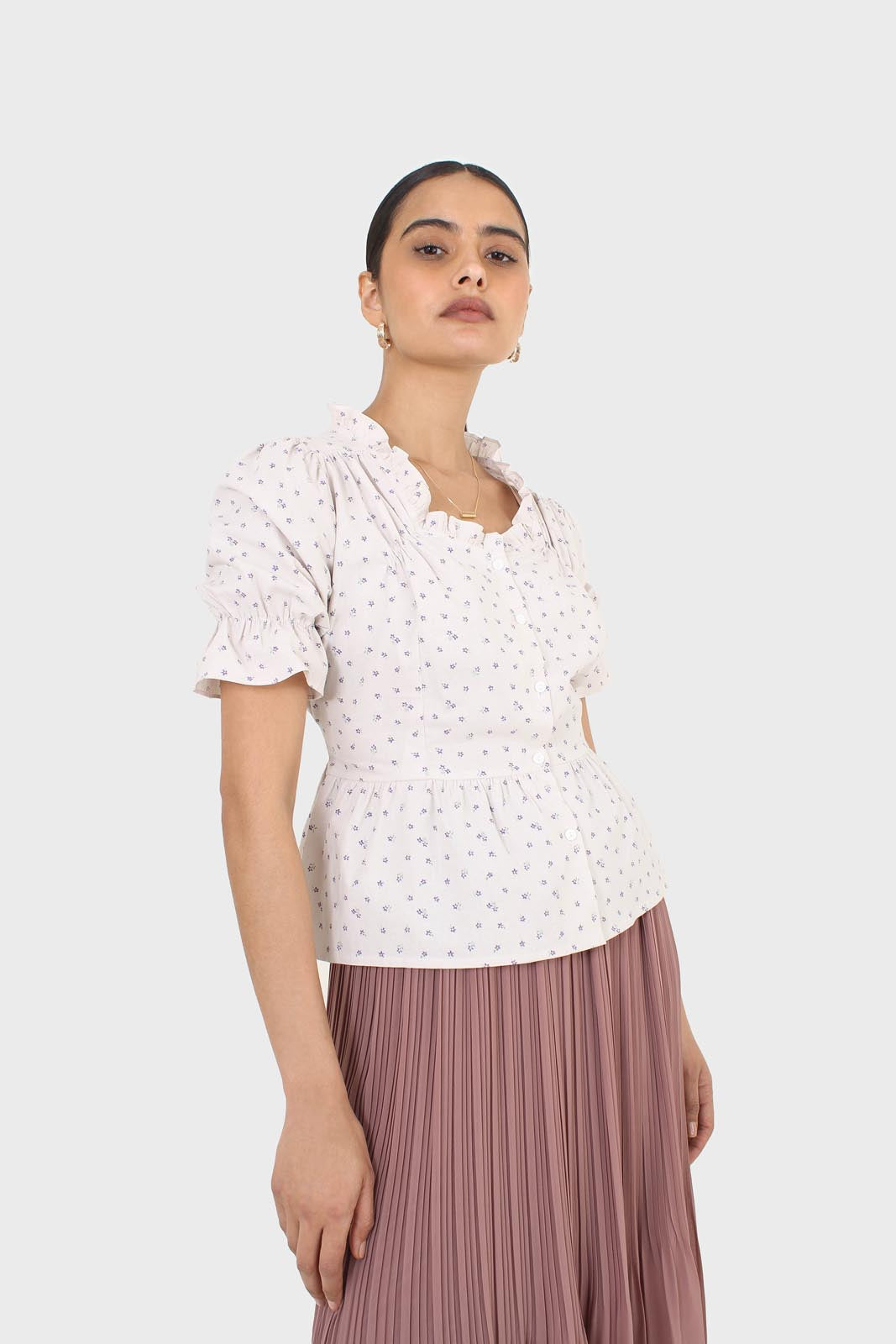 Oatmeal and lilac tiny flower print peasant blouse_7