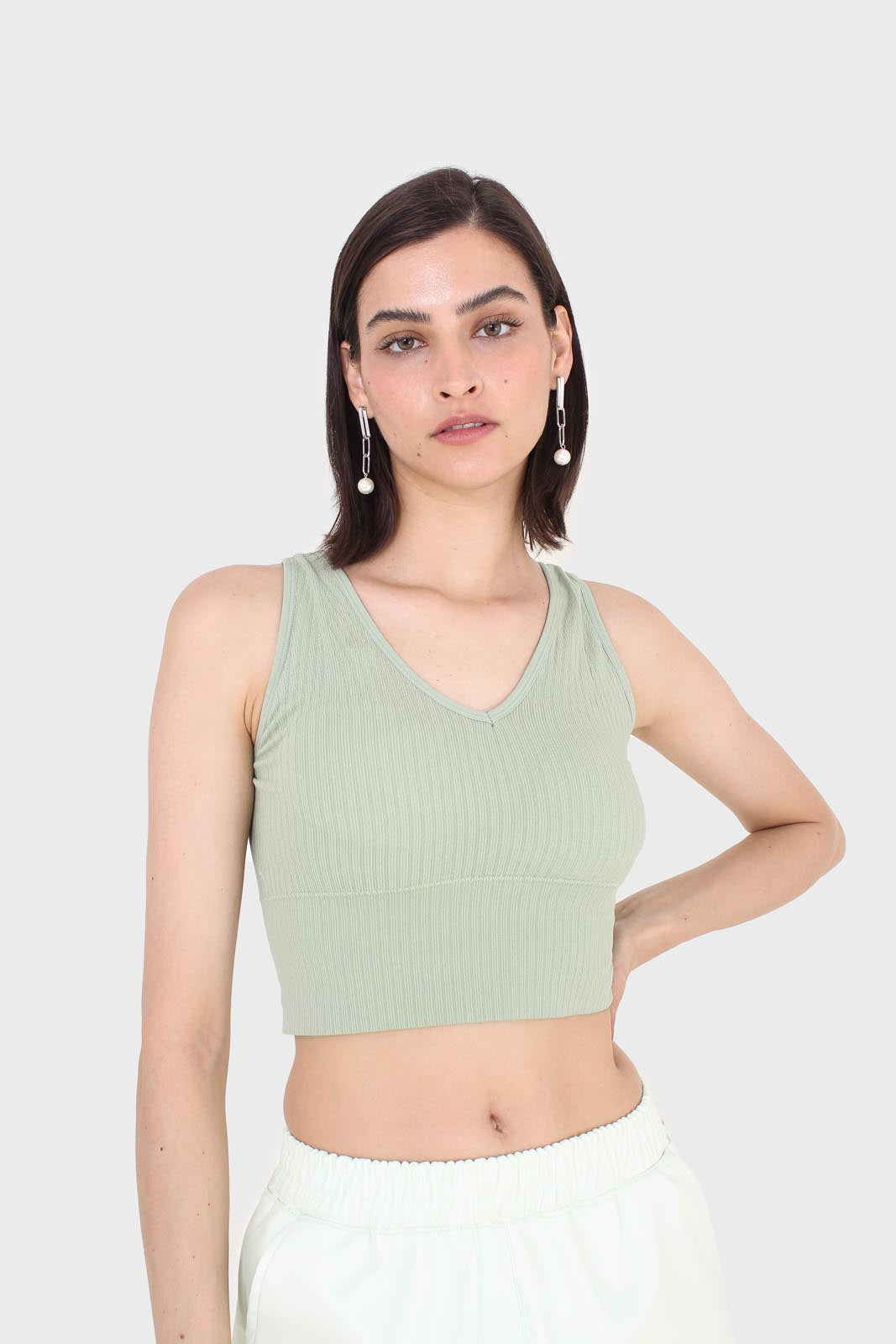 Sage green ribbed thick band v-neck bra top_1