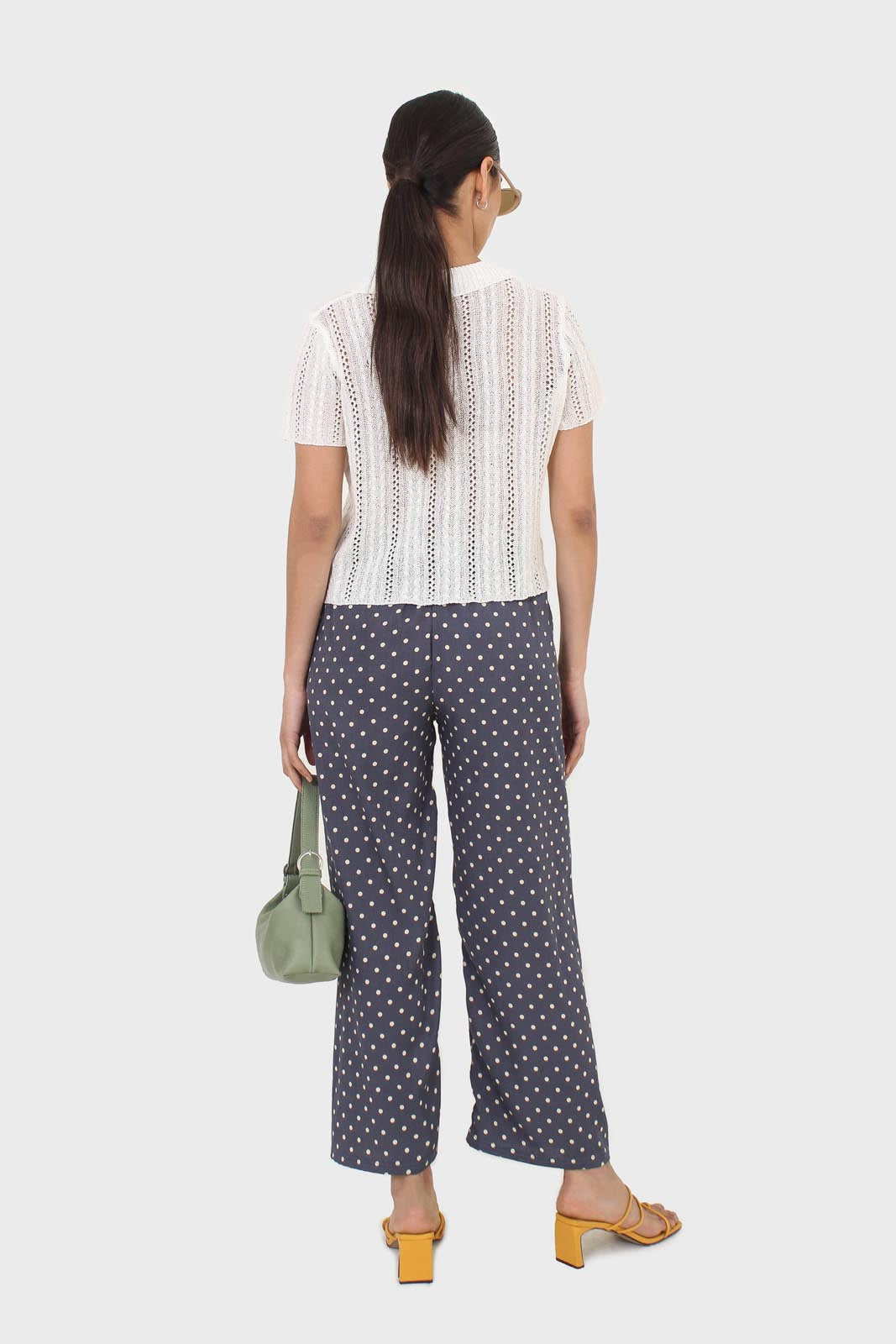 Blue and ivory polka dot loose fit silky trousers_5