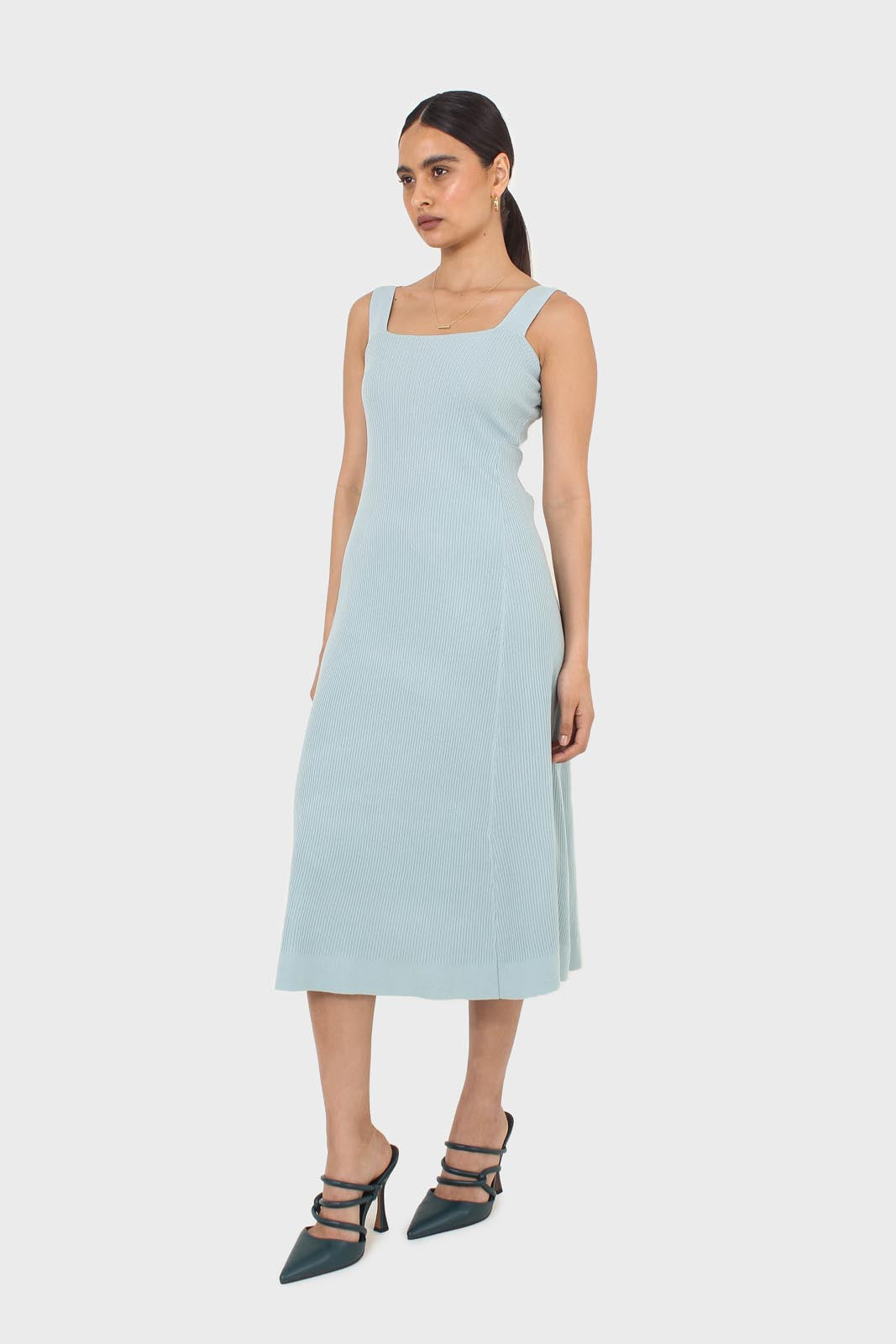 Blue square neckline ribbed midi dress_5