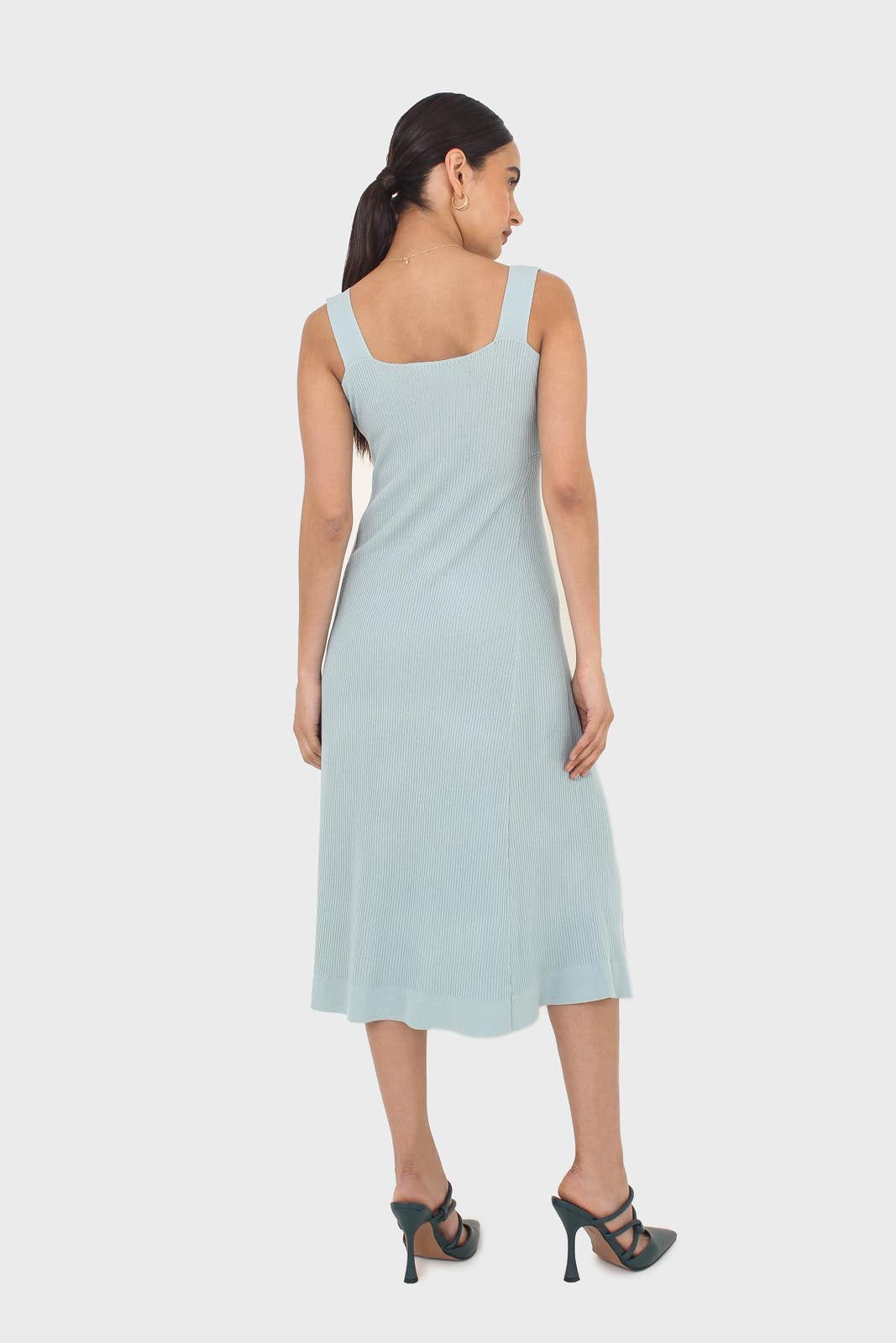 Blue square neckline ribbed midi dress_3