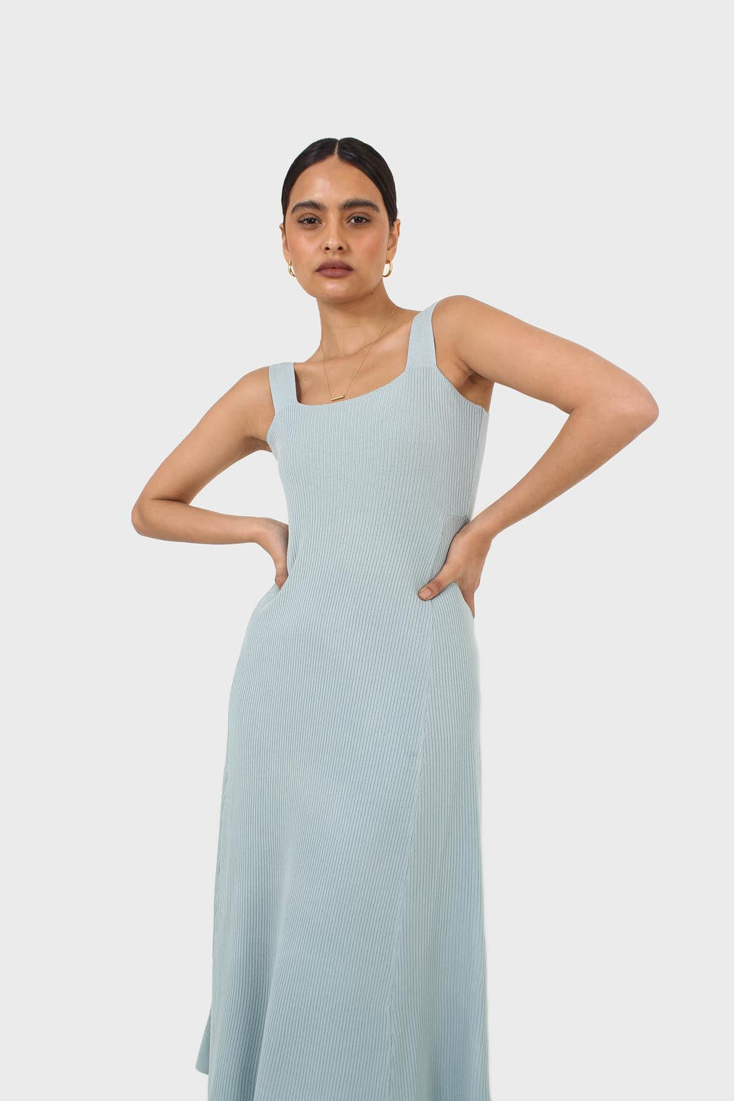 Blue square neckline ribbed midi dress_6