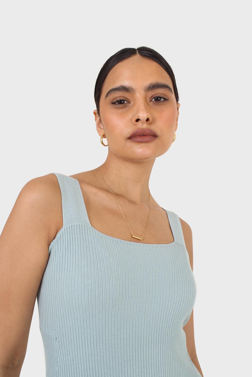 Blue square neckline ribbed midi dress_2