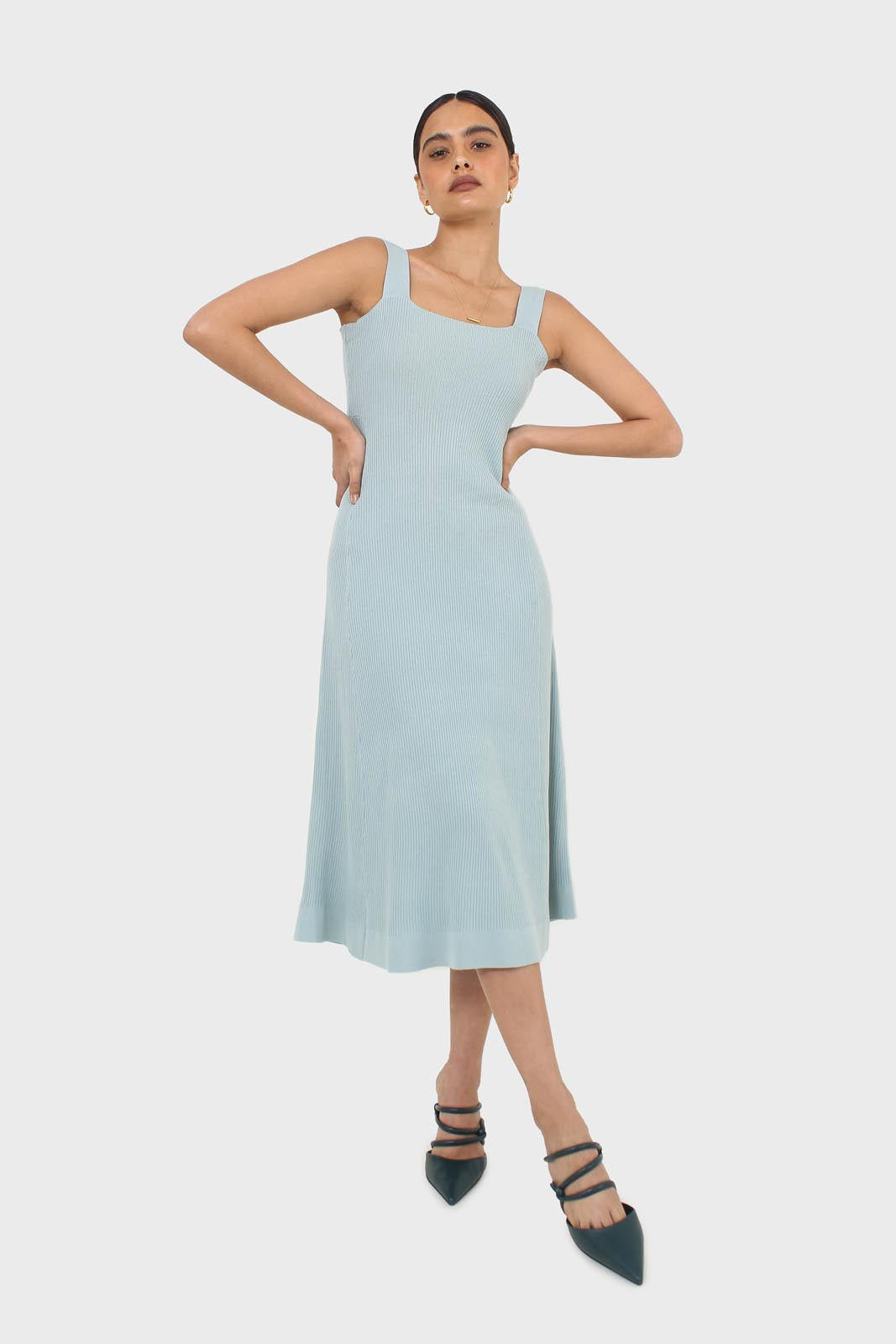 Blue square neckline ribbed midi dress_4