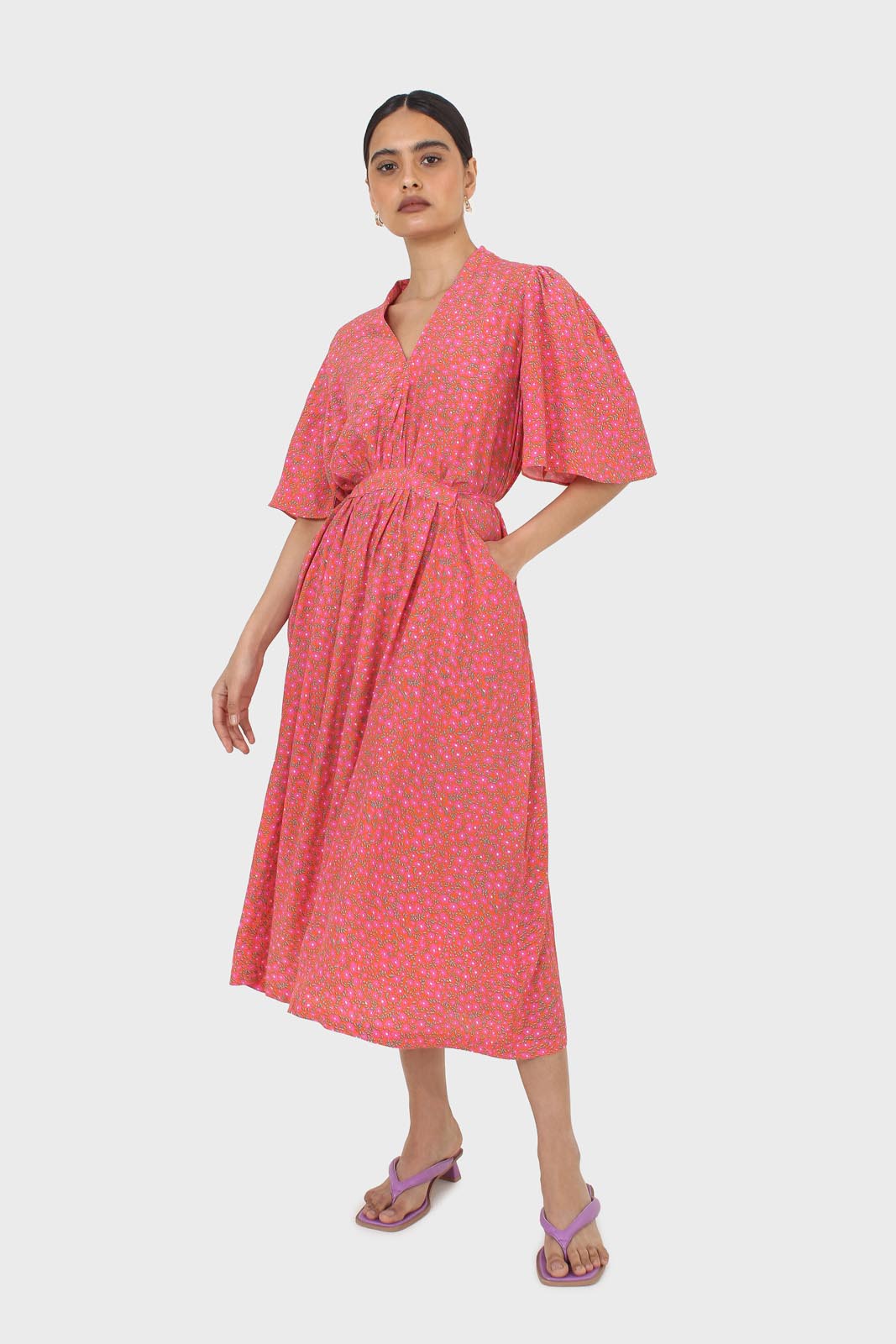 Pink floral print tie back maxi dress_1