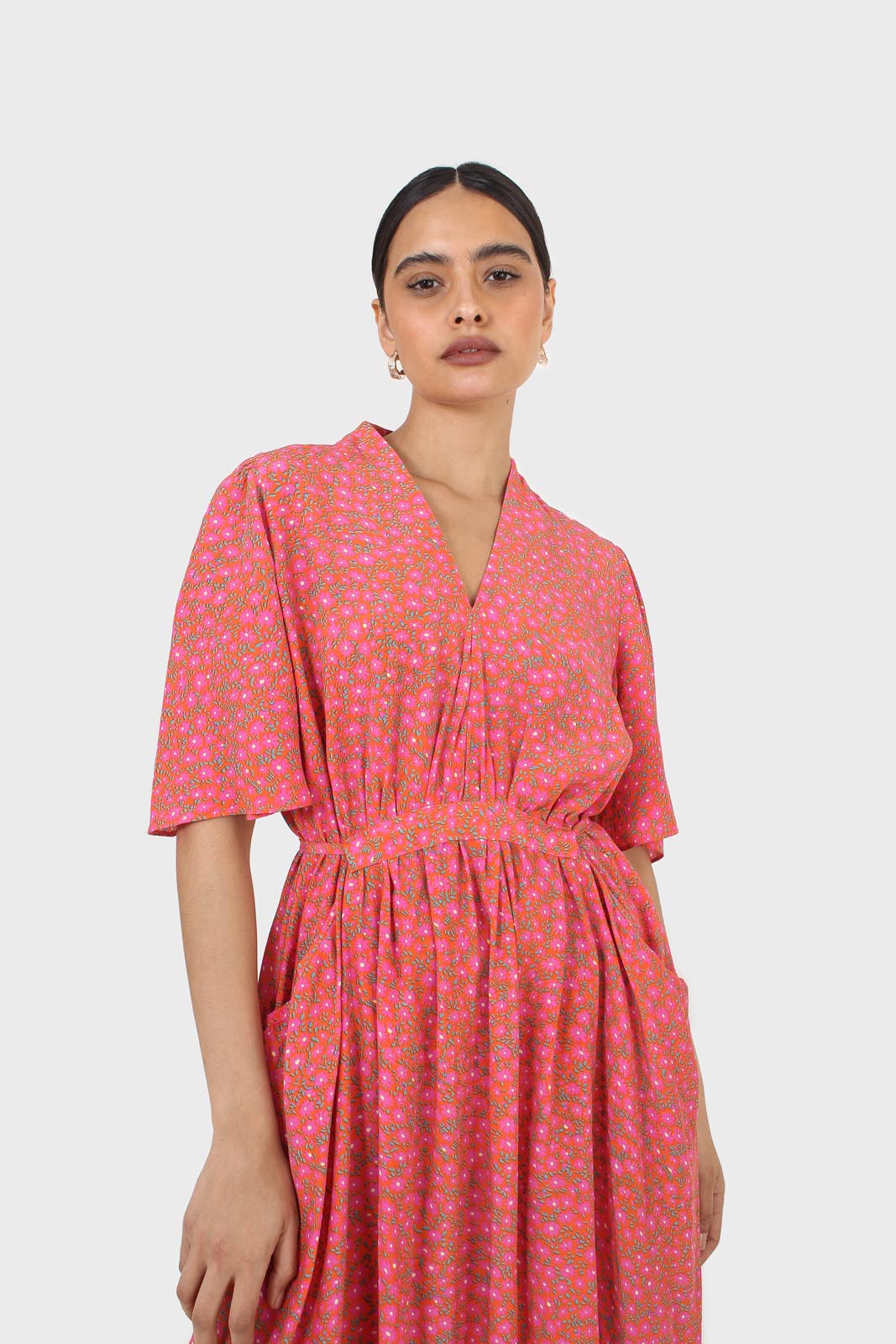 Pink floral print tie back maxi dress_6