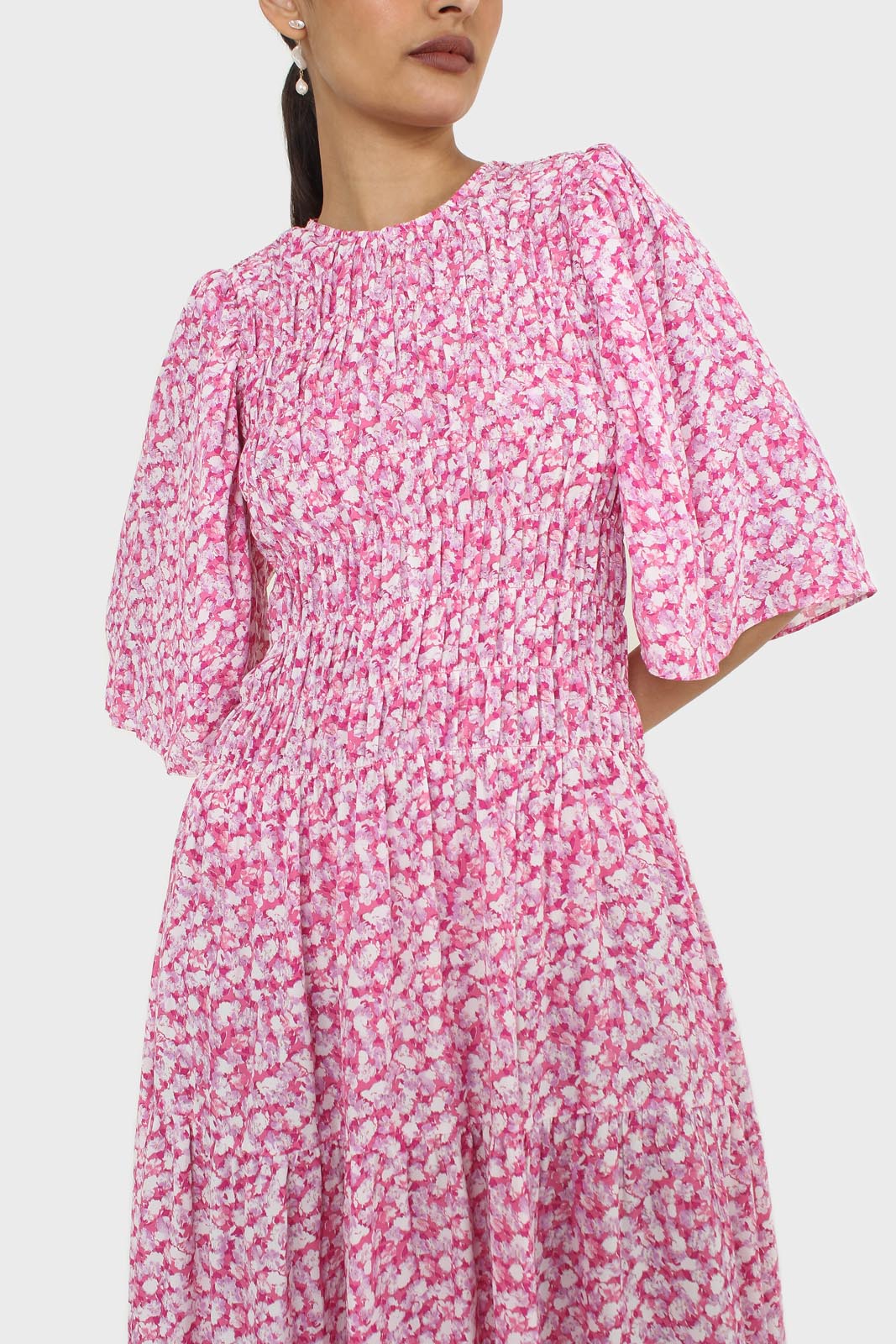 Pink tiny flower smocked bodice midi dress_11