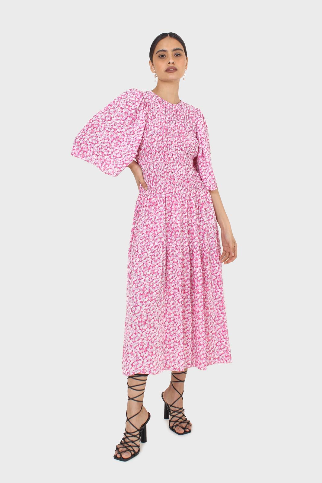 Pink tiny flower smocked bodice midi dress_1