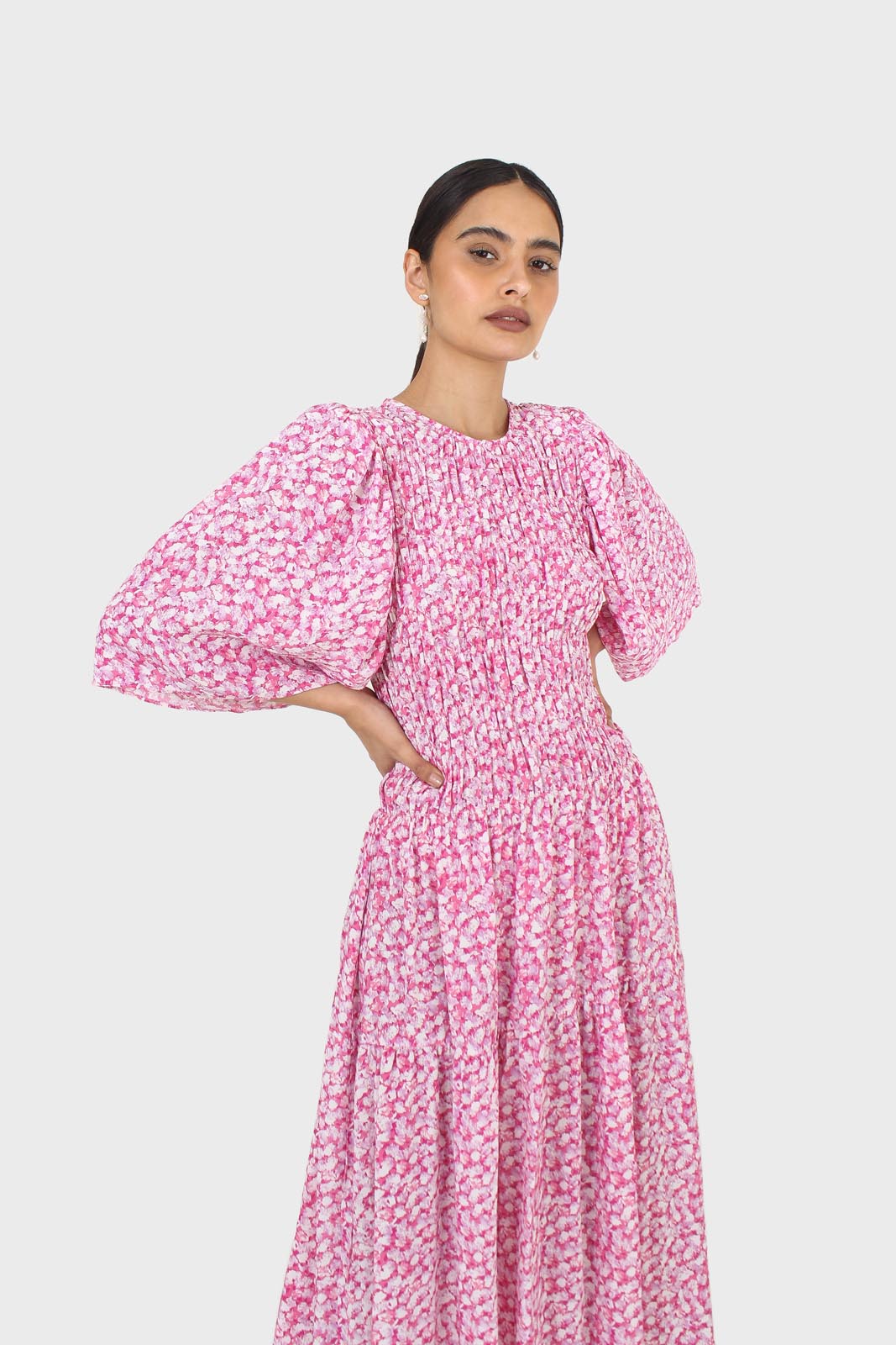 Pink tiny flower smocked bodice midi dress_9