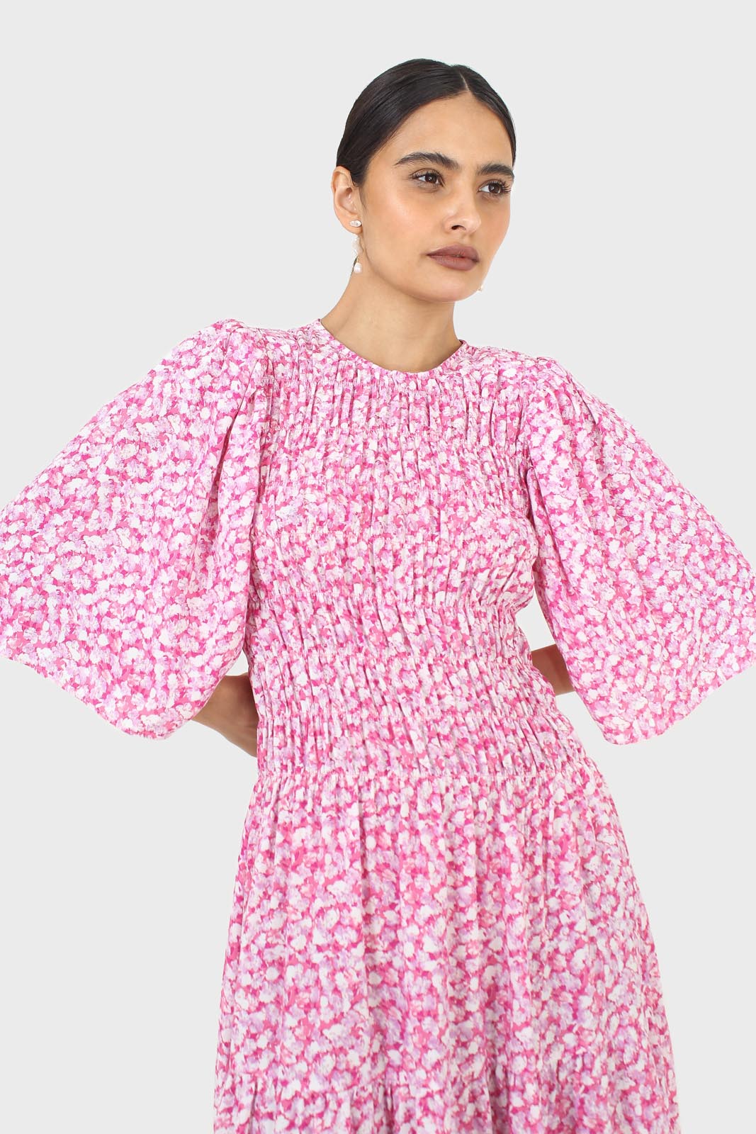 Pink tiny flower smocked bodice midi dress_8