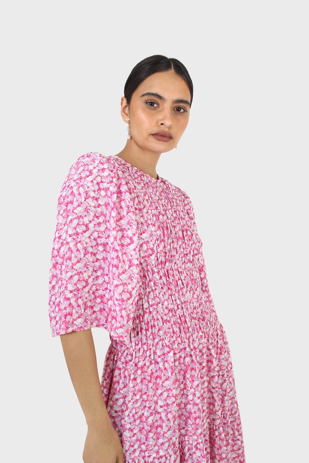 Pink tiny flower smocked bodice midi dress_2