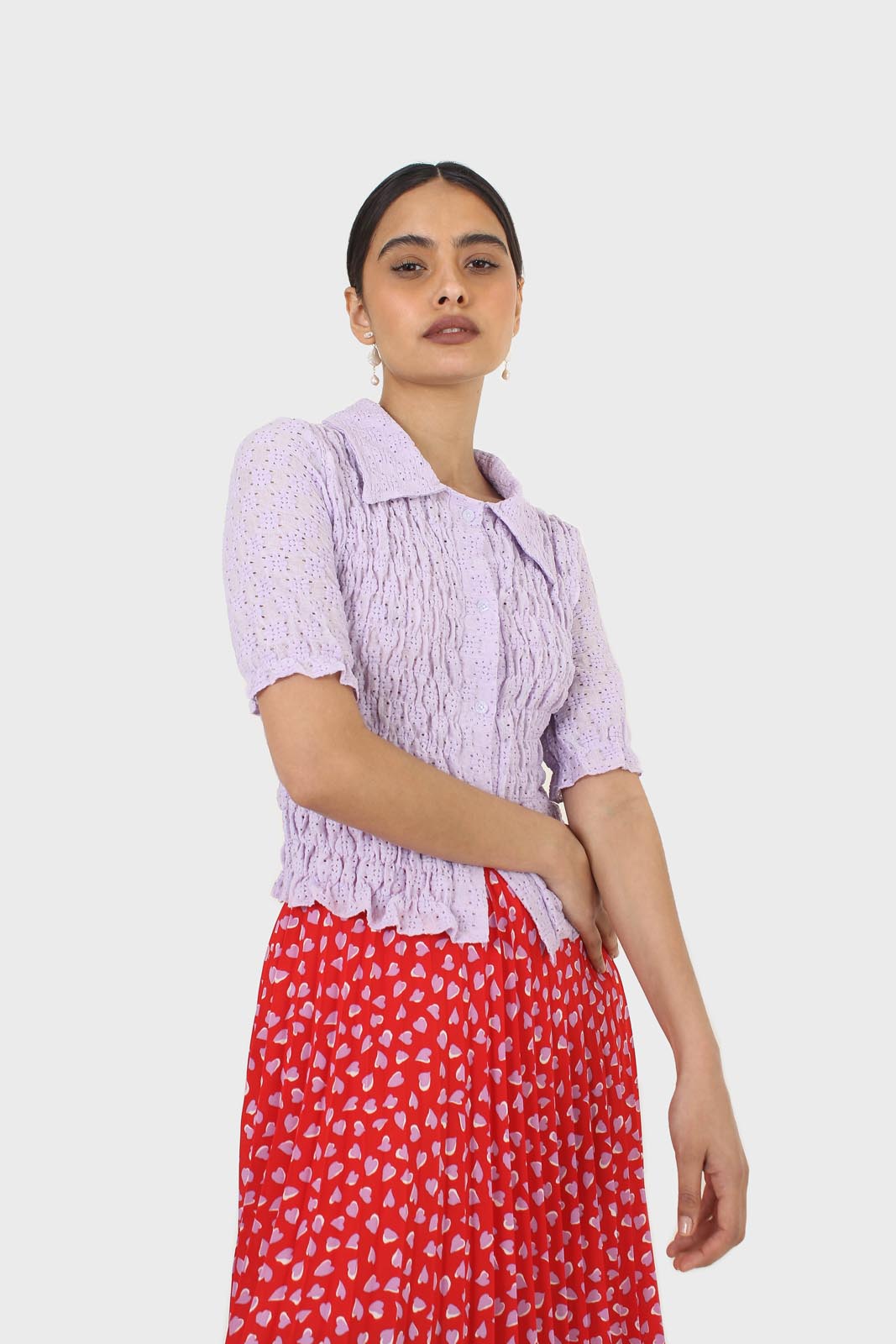 Lilac textured cropped collared short sleeved shirt_7
