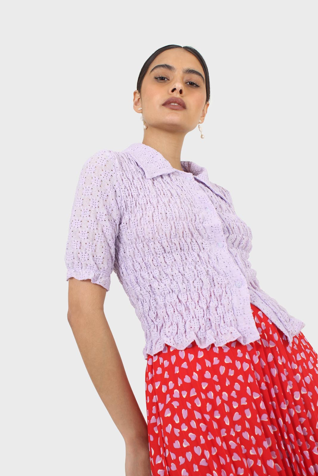 Lilac textured cropped collared short sleeved shirt_8