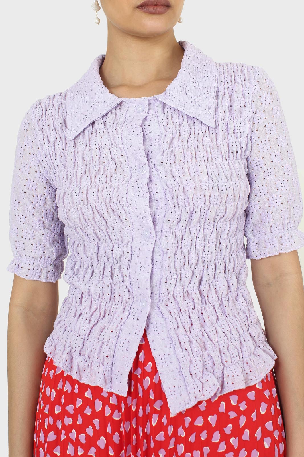 Lilac textured cropped collared short sleeved shirt_9