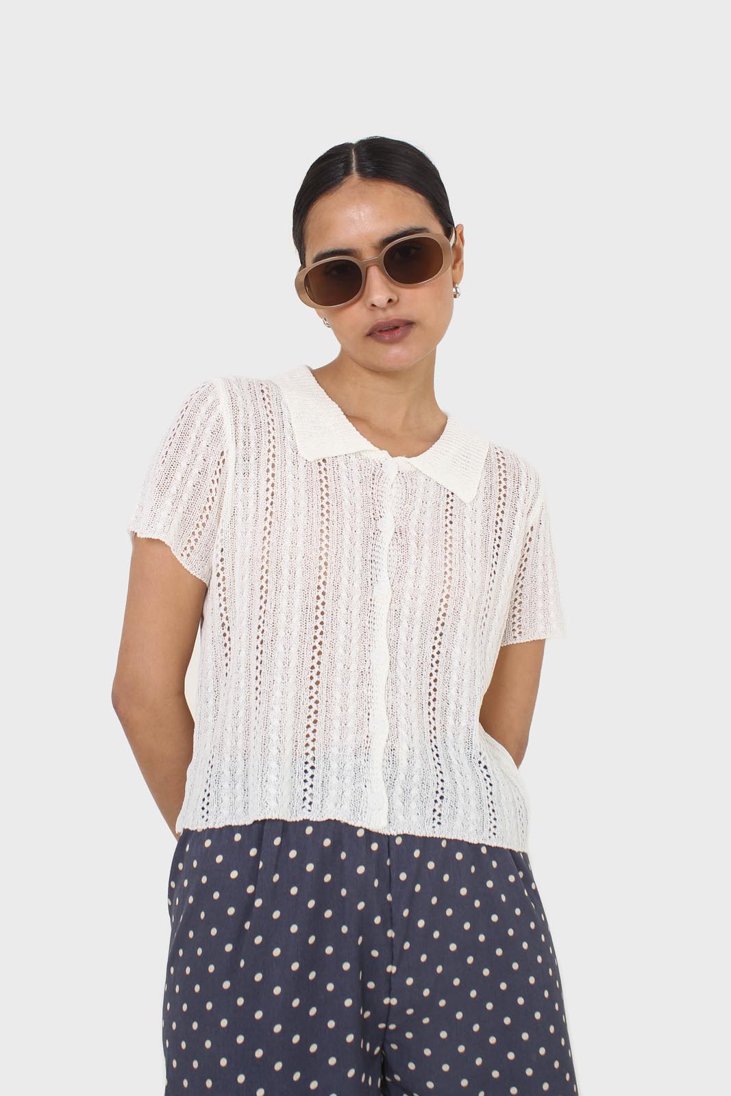 Ivory textured short sleeved cardigan top_1