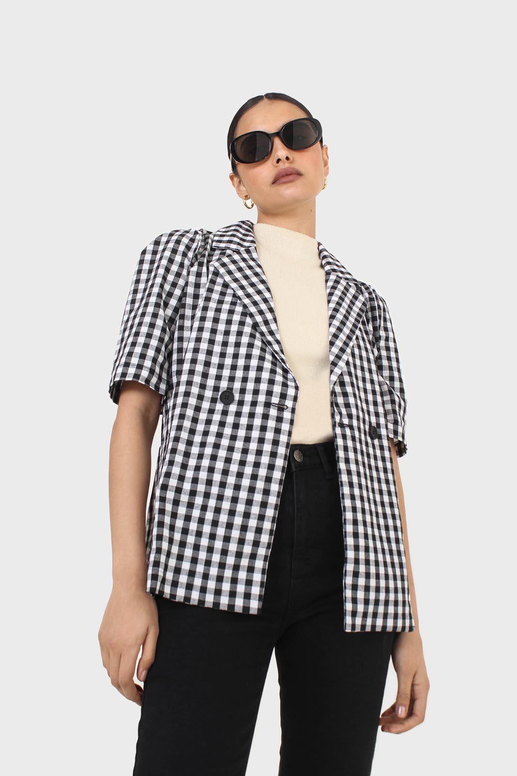 Black and ivory checked short sleeved blazer_7