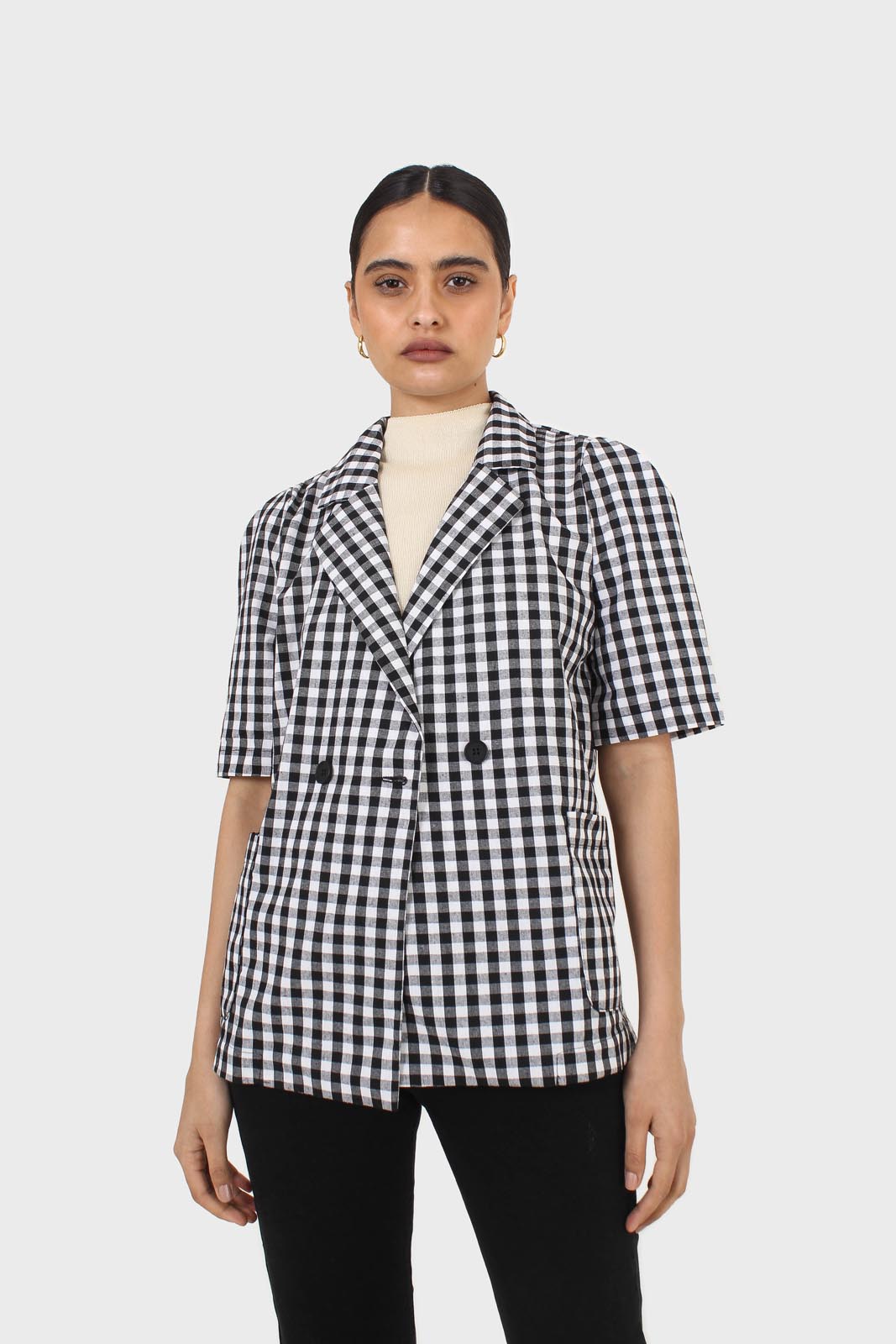 Black and ivory checked short sleeved blazer_2